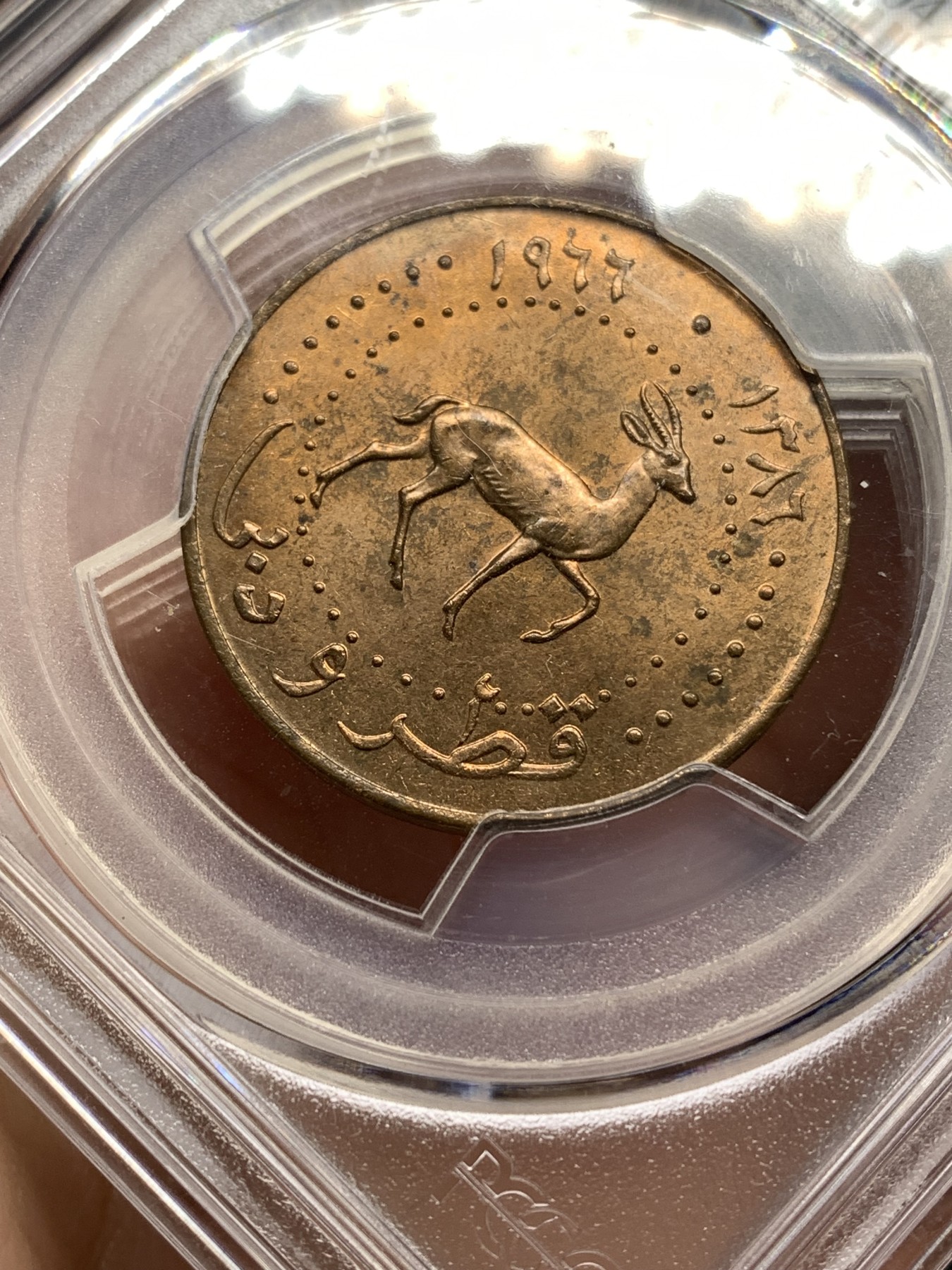 《竞宝斋》第187场-周日，周一 2场 (全场包邮) PCGS-MS63RB 亚军分 卡塔尔和迪拜 AH1386年 羚羊10Dirhem铜币 标签错标 亚军分数 同套中铜币的最大面值 迪拜土豪名誉币 仅短暂流通