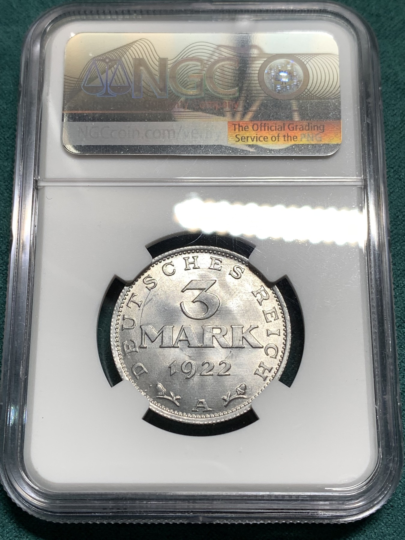 《竞宝斋》第187场-周日，周一 2场 (全场包邮) NGC MS65 德国魏玛共和国1922年3马克铝币