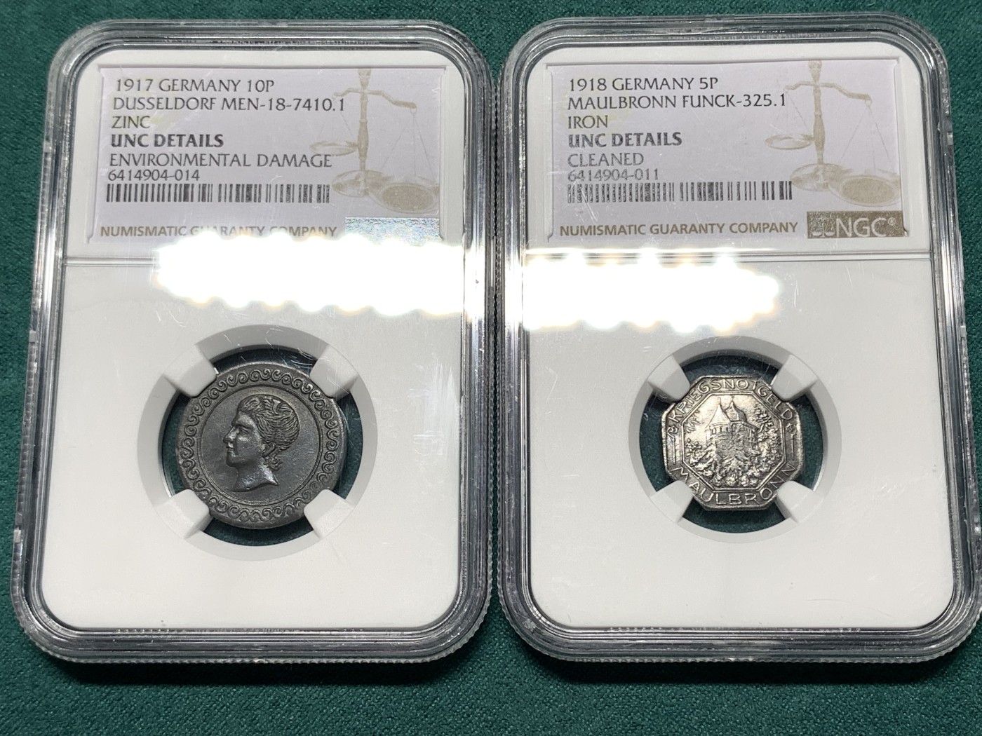 《竞宝斋》第187场-周日，周一 2场 (全场包邮) 两枚一组 NGC UNC 德国 德紧（一枚1918年符腾堡浮士德塔八角5芬尼+一枚1917年杜塞尔多夫10芬尼）