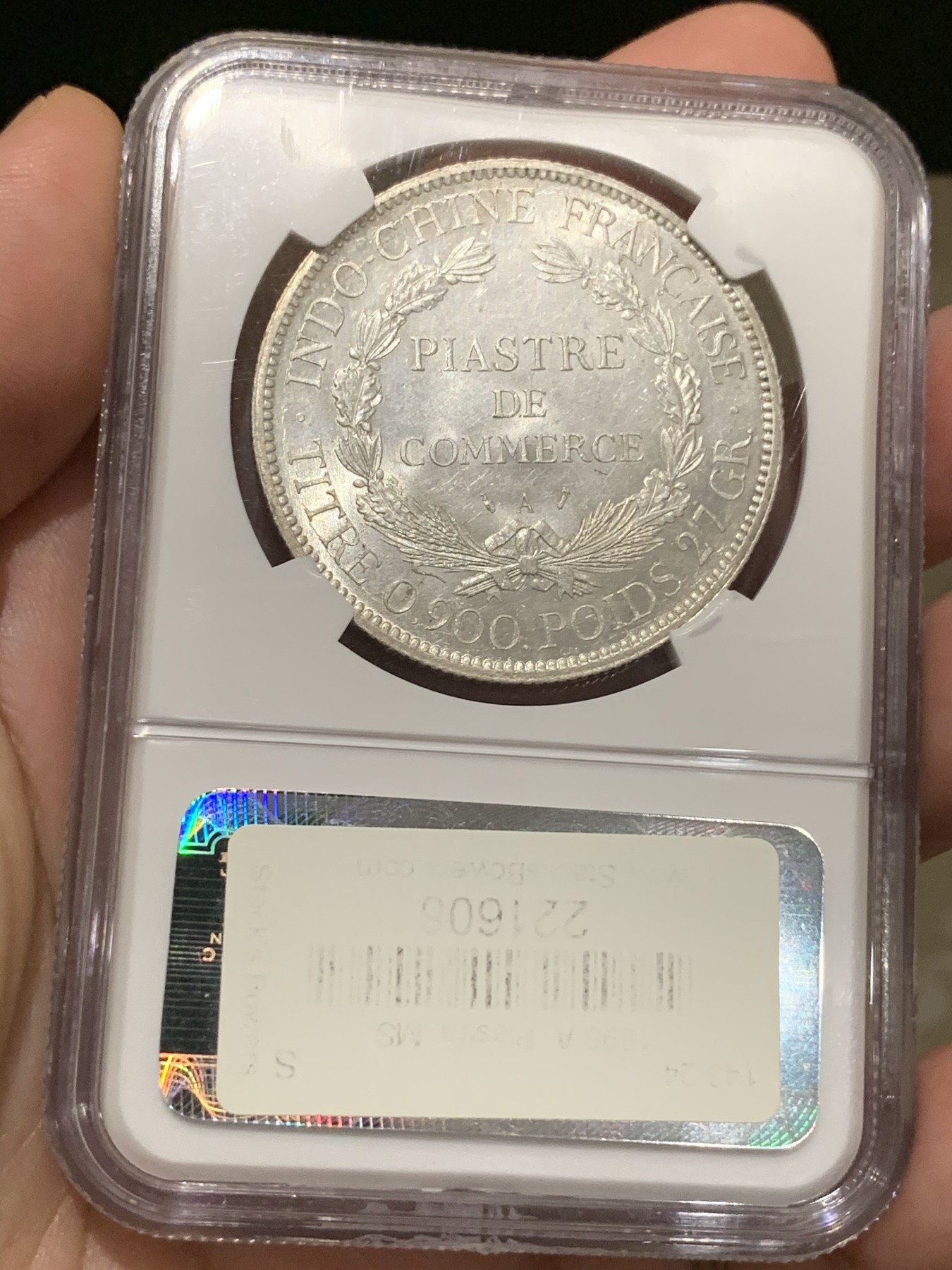 《竞宝斋》第187场-周日，周一 2场 (全场包邮) NGC MS62 法属印支 1896年坐洋 银币老盒封装 状态很好