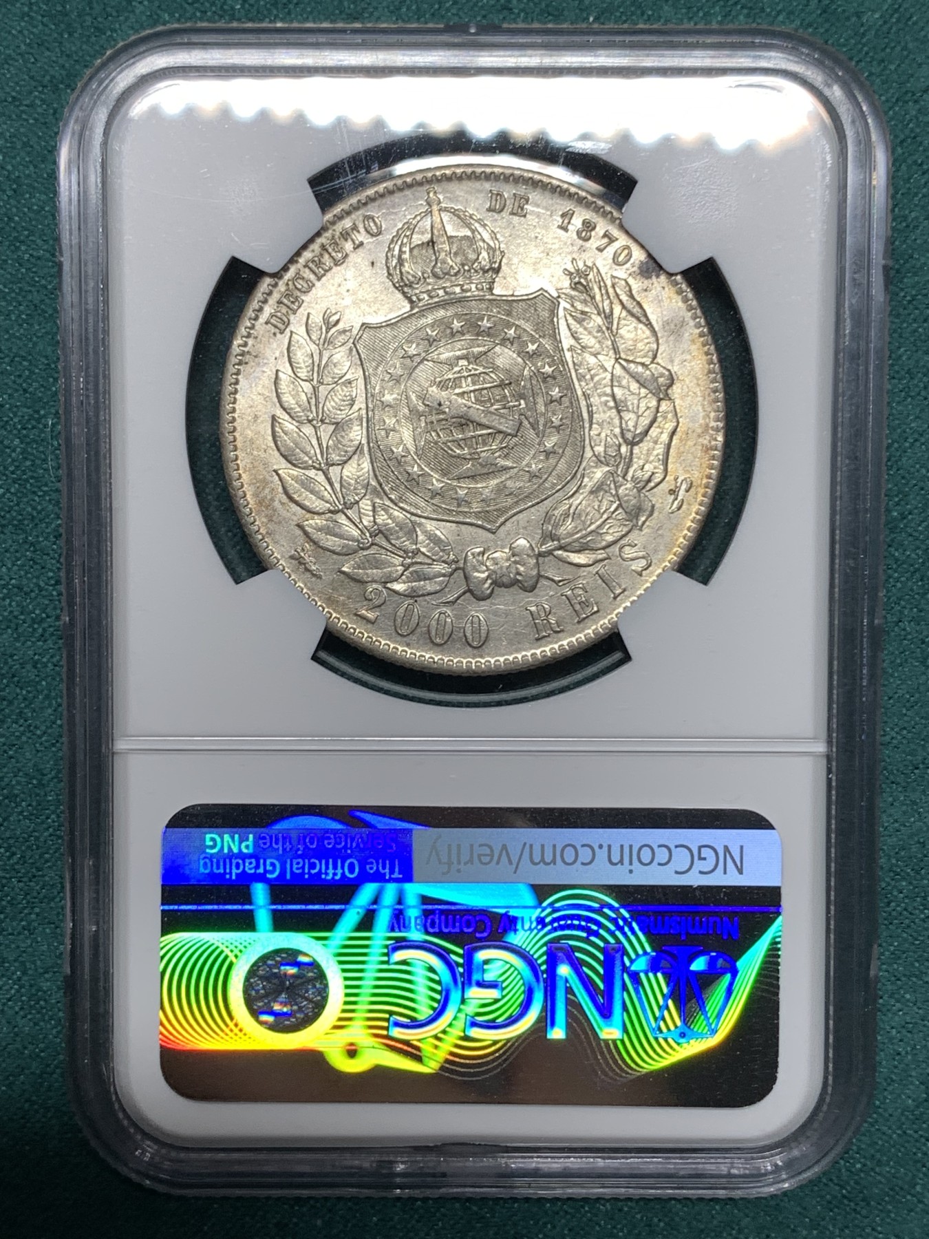 《竞宝斋》第187场-周日，周一 2场 (全场包邮) NGC-AU58 巴西帝国 1889年 2000瑞斯 银币
