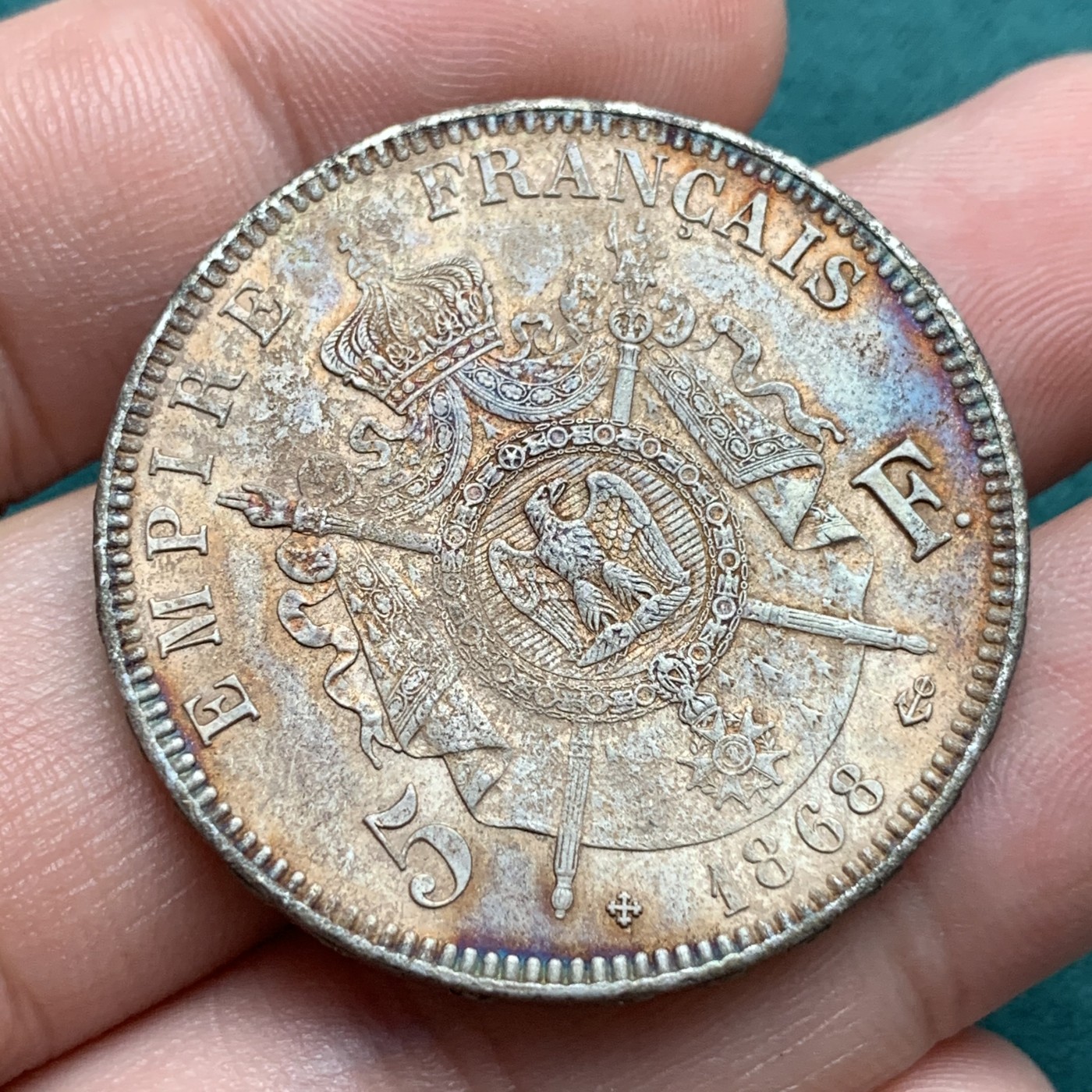 《竞宝斋》第187场-周日，周一 2场 (全场包邮) 1868 拿破仑三世 5法郎银币 细节不错 老鹰羽毛清晰