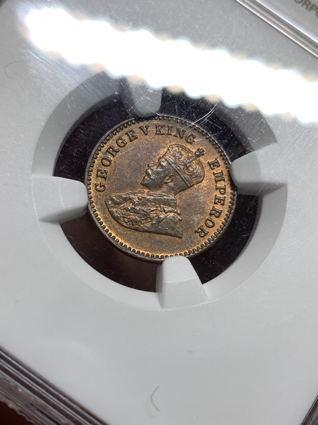 《竞宝斋》第187场-周日，周一 2场 (全场包邮) NGC-MS64RB 英属印度 乔治五世 1920年C版 1/12安娜 铜币 极品原光 完美铜币红光