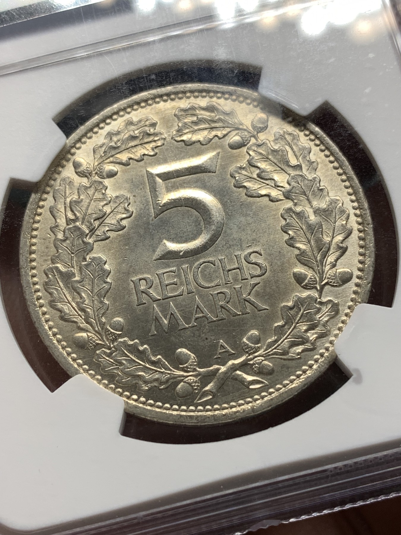 《竞宝斋》第187场-周日，周一 2场 (全场包邮) NGC-MS62  德意志1925A 莱茵联盟千年5马克银币 锁子甲武士持盾牌 细节清晰 淡金色包浆