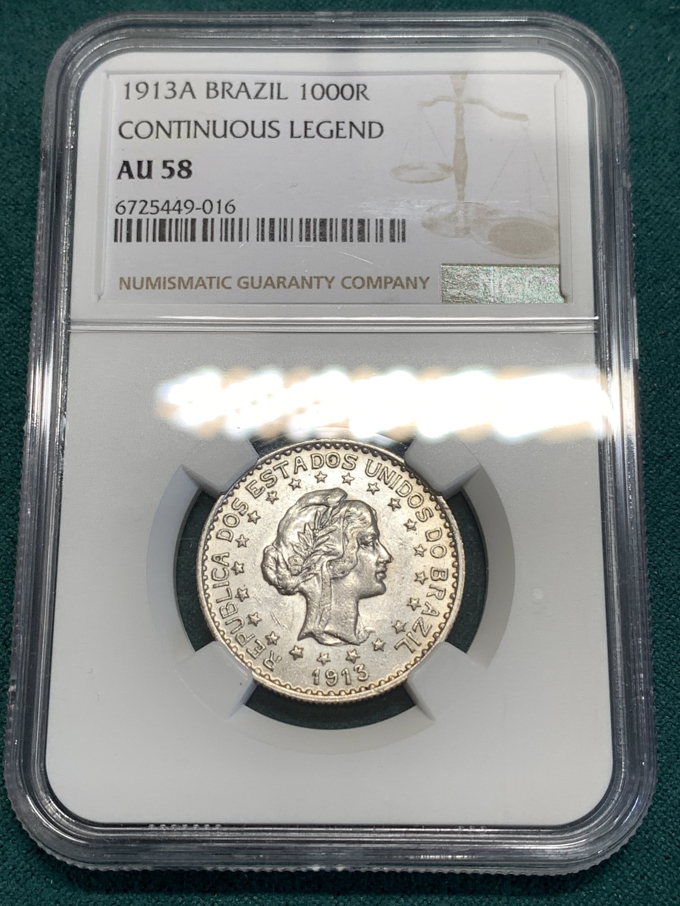 《竞宝斋》第187场-周日，周一 2场 (全场包邮) NGC-AU58 巴西 1913年 1000瑞斯银币