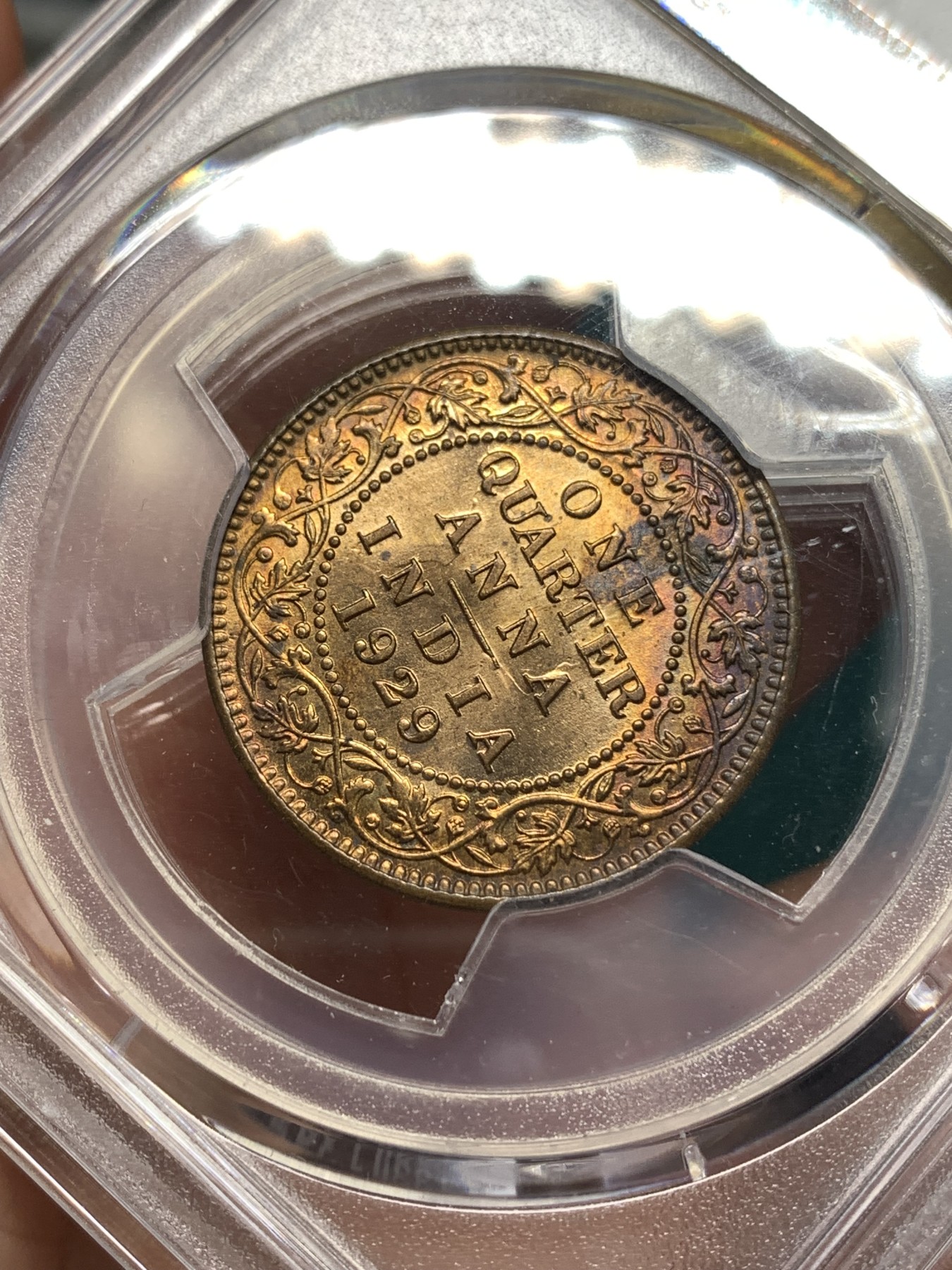 《竞宝斋》第187场-周日，周一 2场 (全场包邮) PCGS-MS63RB 英属印度1929C乔治五世1/4安娜铜币，背面可见透打。铜光带彩，光泽靓丽，状态上佳。