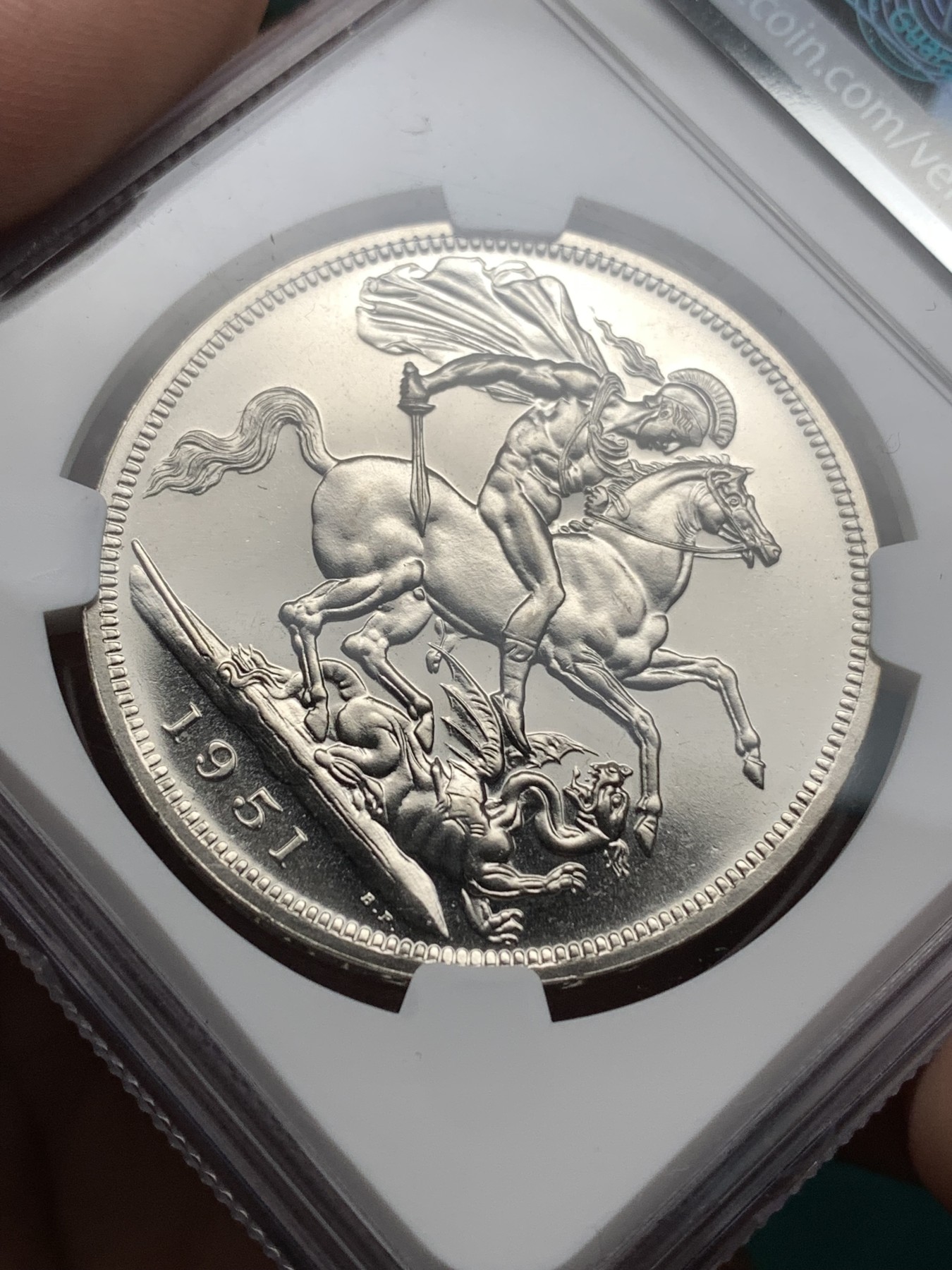 《竞宝斋》第187场-周日，周一 2场 (全场包邮) NGC-PL63 英国 1951年 1克朗 乔治六世 最后的马剑 PL底板 品相好 非常靓