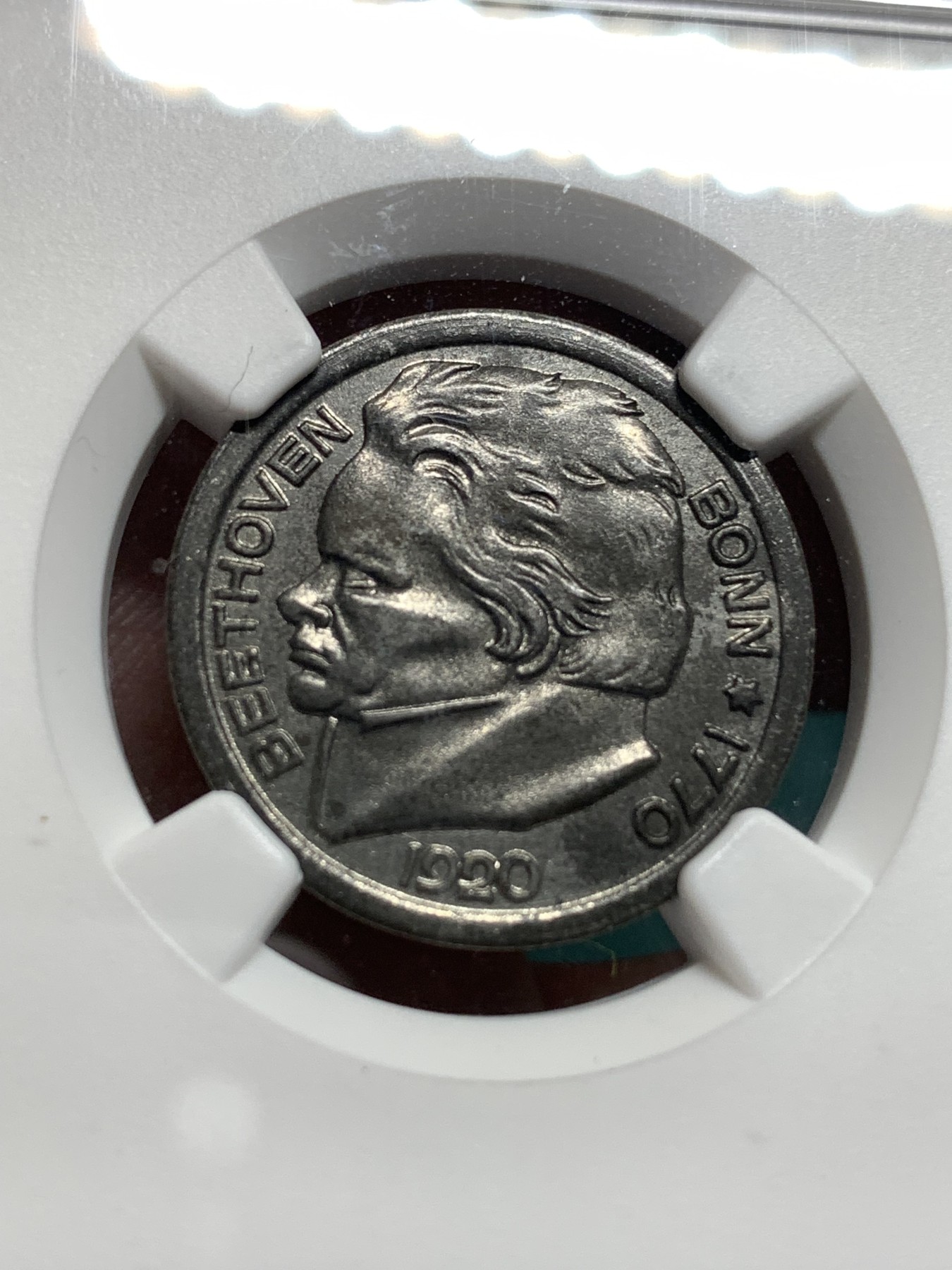 《竞宝斋》第187场-周日，周一 2场 (全场包邮) NGC MS62 德国紧急状态货币 1920年波恩贝多芬25芬尼铁币