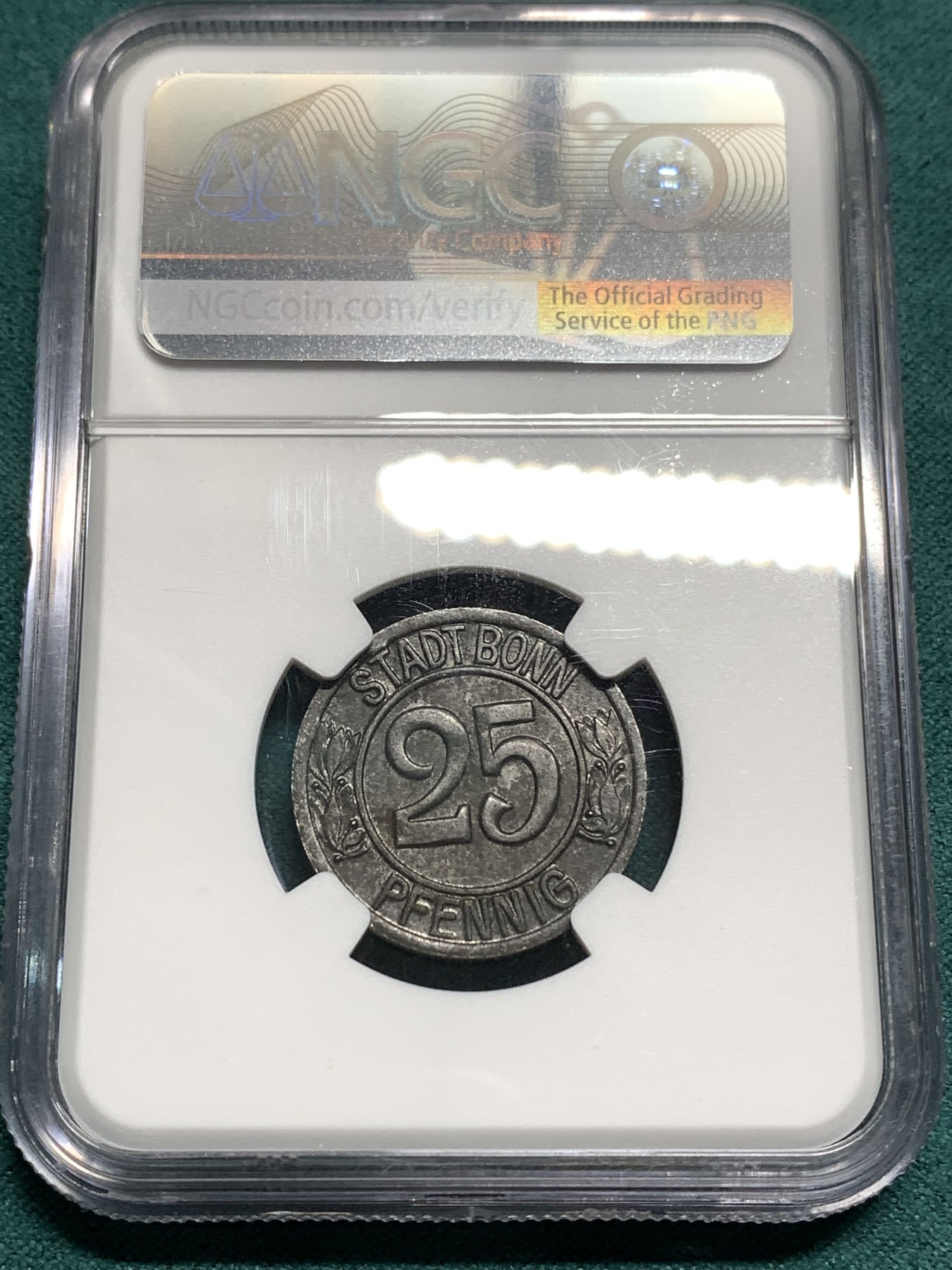 《竞宝斋》第187场-周日，周一 2场 (全场包邮) NGC MS62 德国紧急状态货币 1920年波恩贝多芬25芬尼铁币