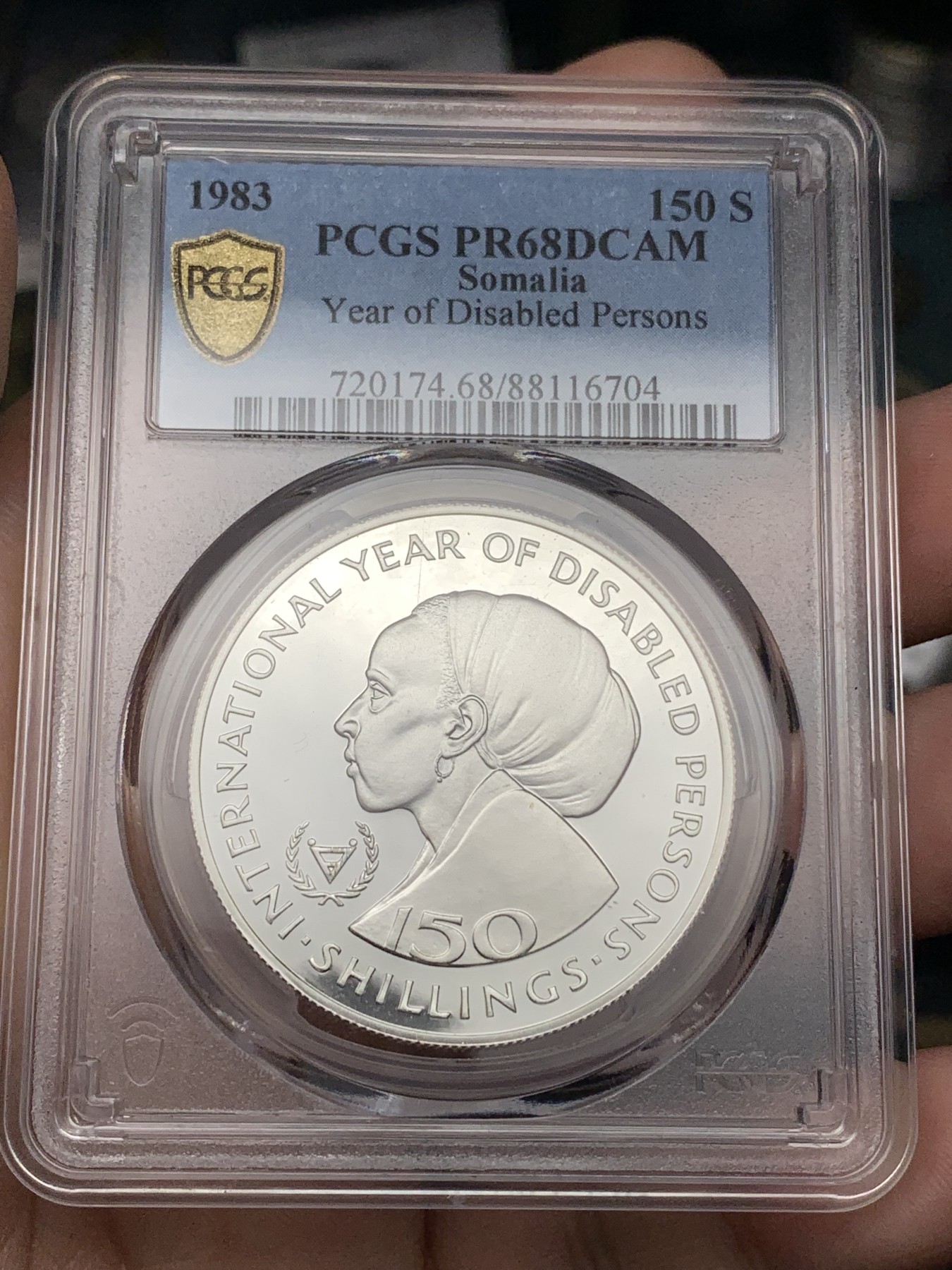 《竞宝斋》第187场-周日，周一 2场 (全场包邮) PCGS金盾 PR68DCAM 索马里1983年国际残疾人年纪念150先令精制银币