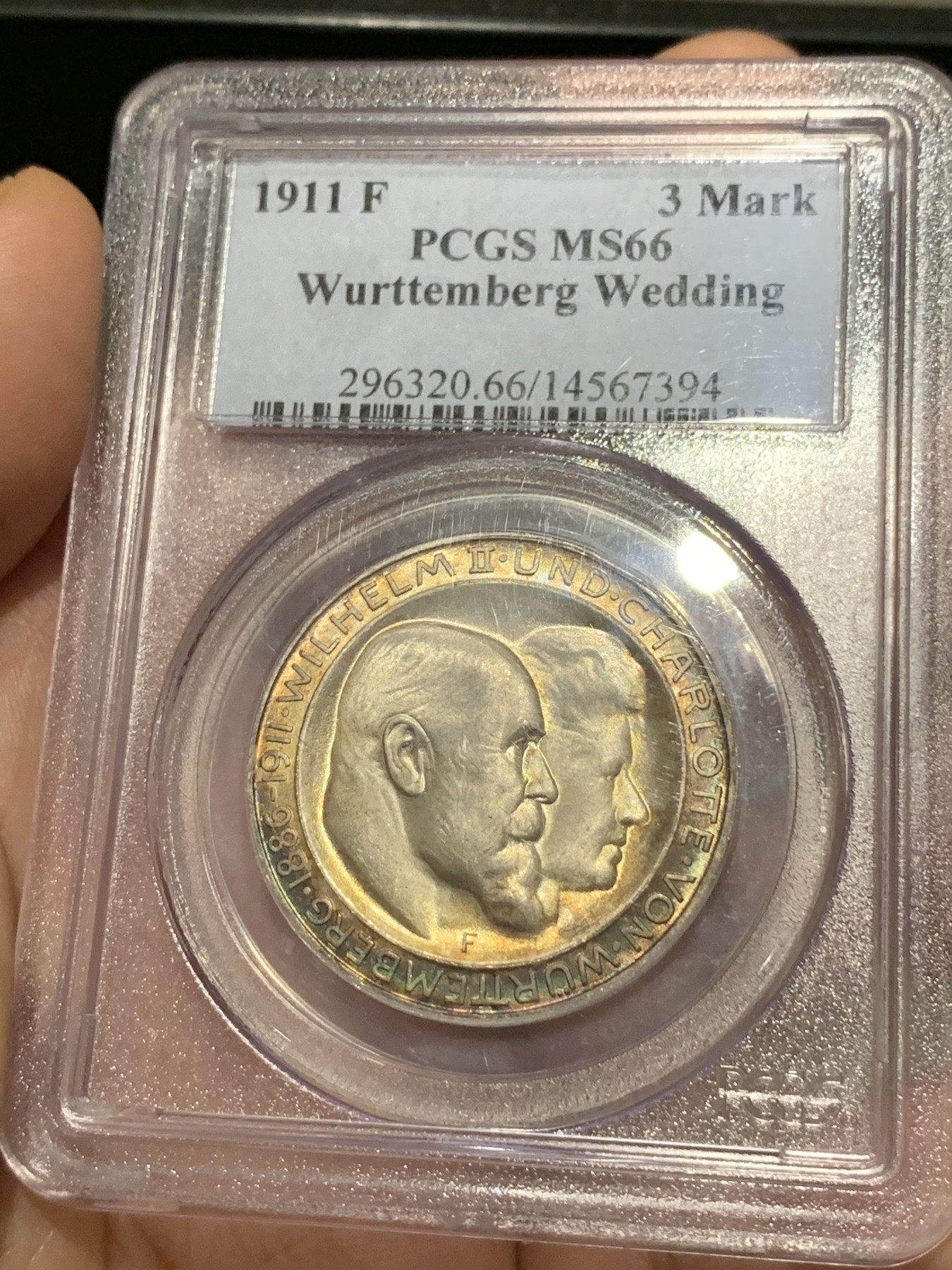 《竞宝斋》第187场-周日，周一 2场 (全场包邮) PCGS-MS66 德意志符腾堡1911F厂  国王王后金婚纪念3马克银币 顶级分数收藏级 金光底板周圈五彩