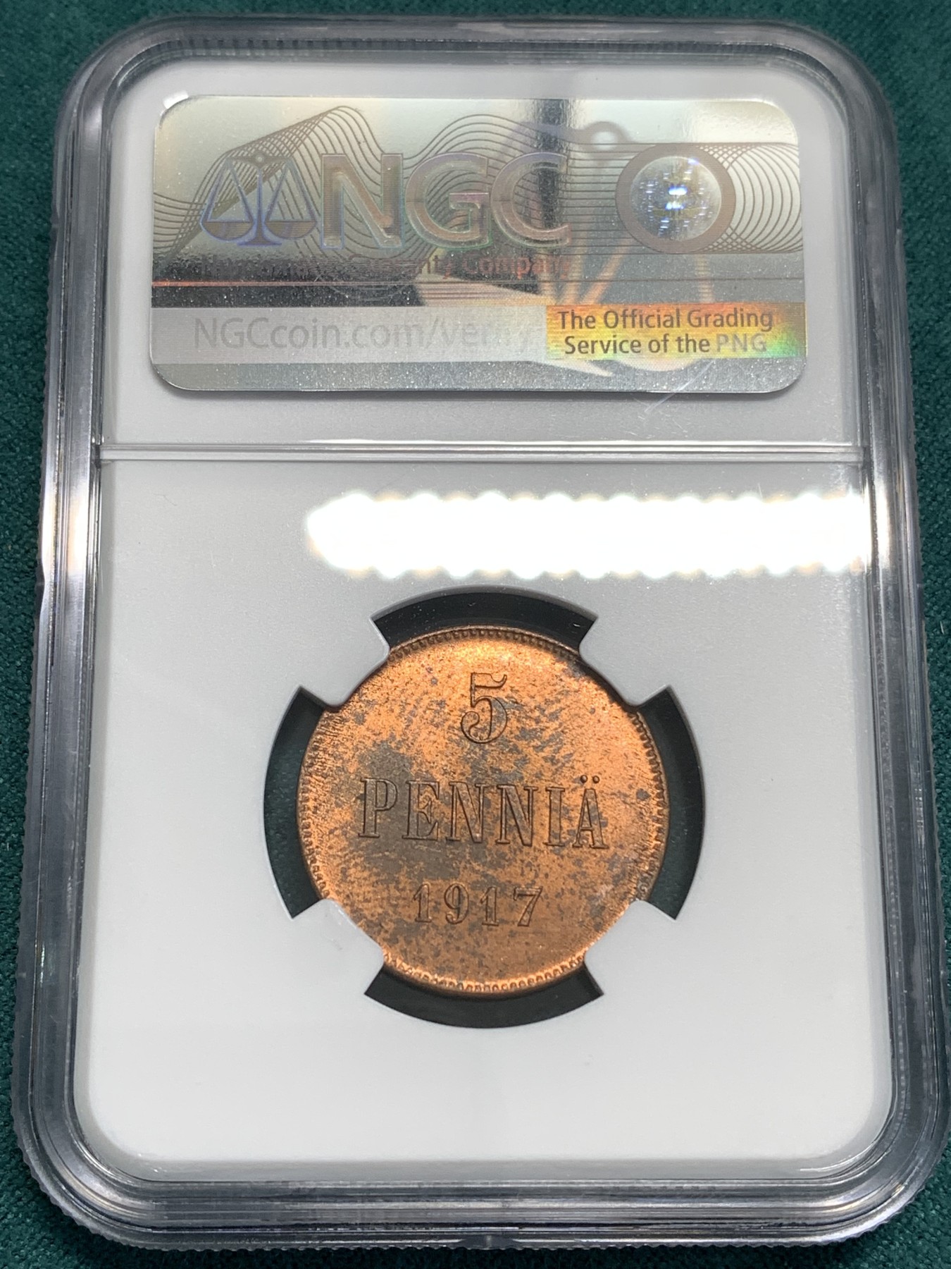 《竞宝斋》第187场-周日，周一 2场 (全场包邮) NGC MS62RB 俄占芬兰1917年克伦斯基临时政府5盆尼铜币