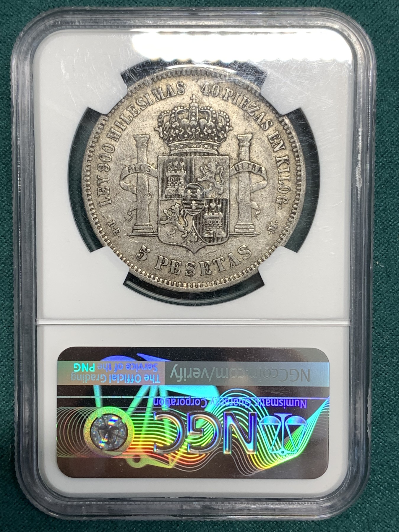 《竞宝斋》第187场-周日，周一 2场 (全场包邮) NGC XF45 西班牙1875年双柱阿方索十二世银币 细节好