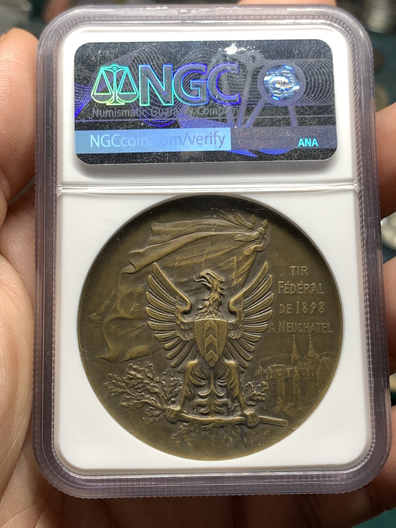 《竞宝斋》第187场-周日，周一 2场 (全场包邮) NGC-MS63BN 1898年纳沙泰尔瑞士射击节铜章  属于瑞士射击节中的经典品种