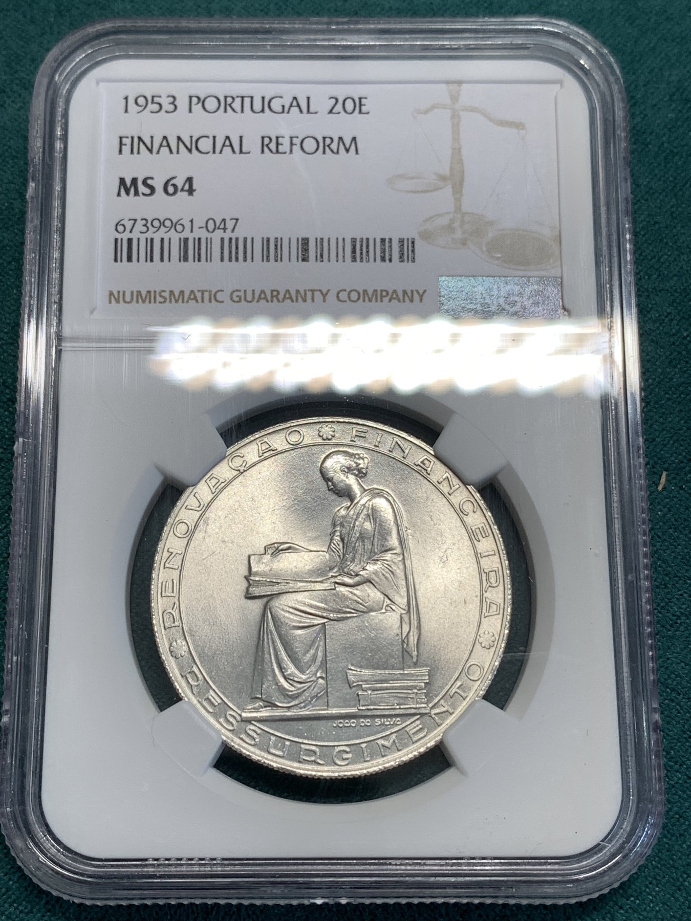 《竞宝斋》第187场-周日，周一 2场 (全场包邮) NGC MS64 葡萄牙1953年金融改革制度25周年20埃斯库多大银币 高分好品