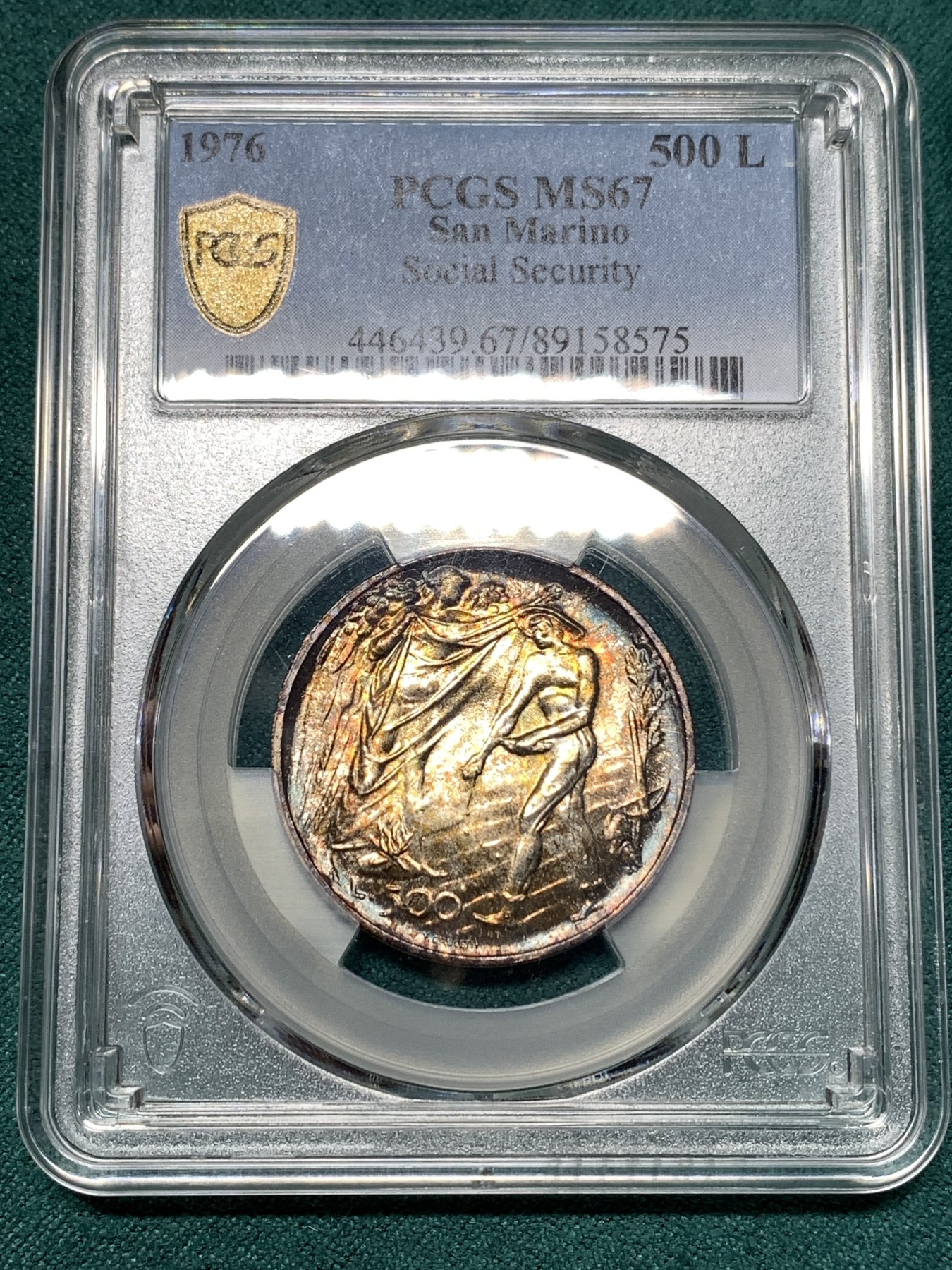 《竞宝斋》第187场-周日，周一 2场 (全场包邮) PCGS-MS67 圣马力诺1976年播种城堡500里拉银币 PCGS季军 半个世纪历久弥新 极致的五彩 被低估的品种 22年67+成交900元