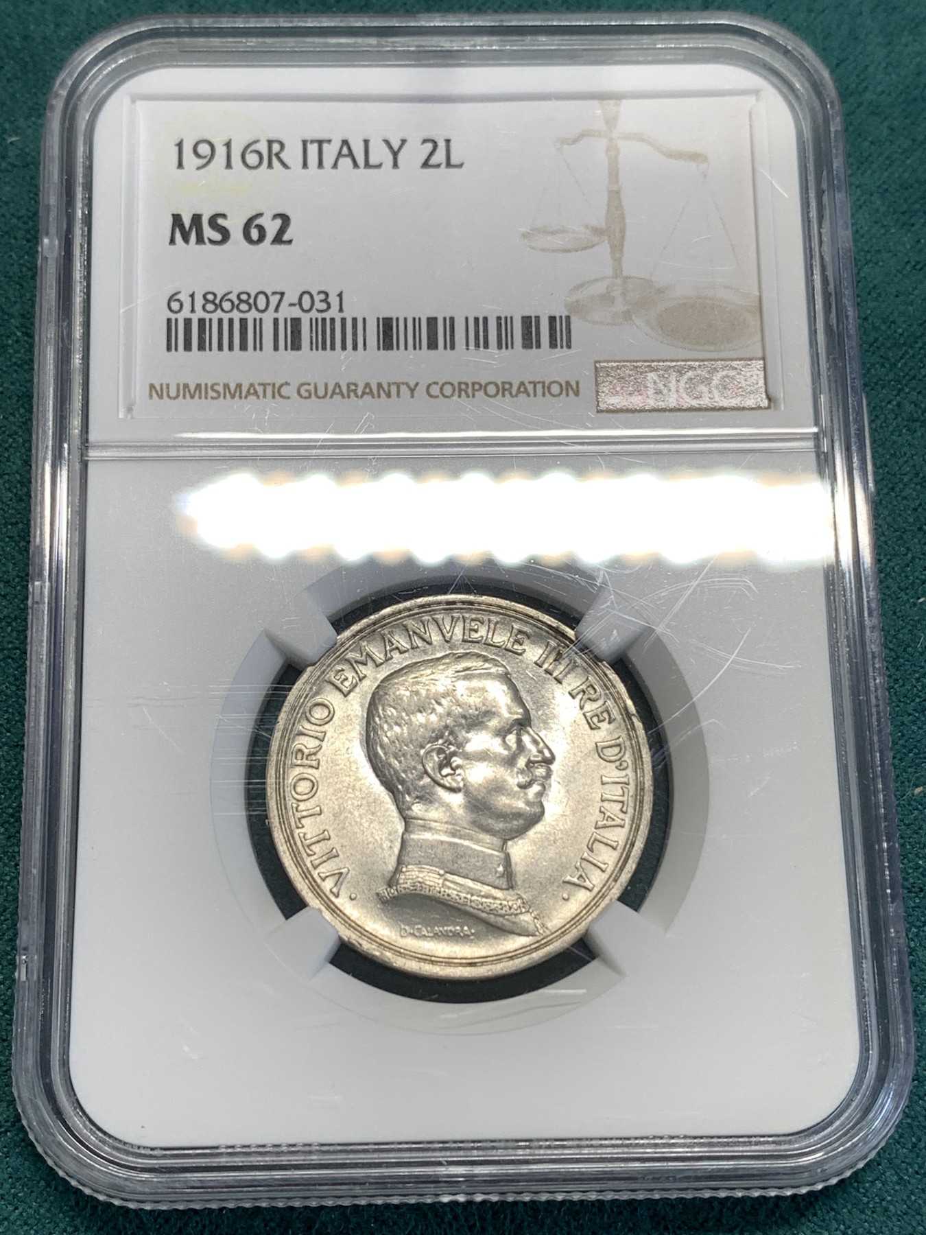 《竞宝斋》第187场-周日，周一 2场 (全场包邮) NGC-MS62 意大利 1916年 马车女神2里拉 浮雕立体感强，栩栩如生，光度良好，欧洲经典设计