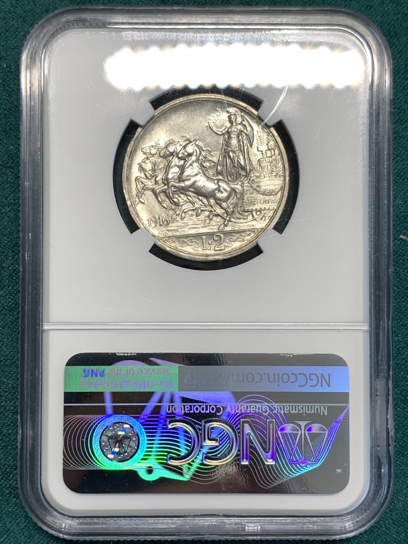 《竞宝斋》第187场-周日，周一 2场 (全场包邮) NGC-MS62 意大利 1916年 马车女神2里拉 浮雕立体感强，栩栩如生，光度良好，欧洲经典设计