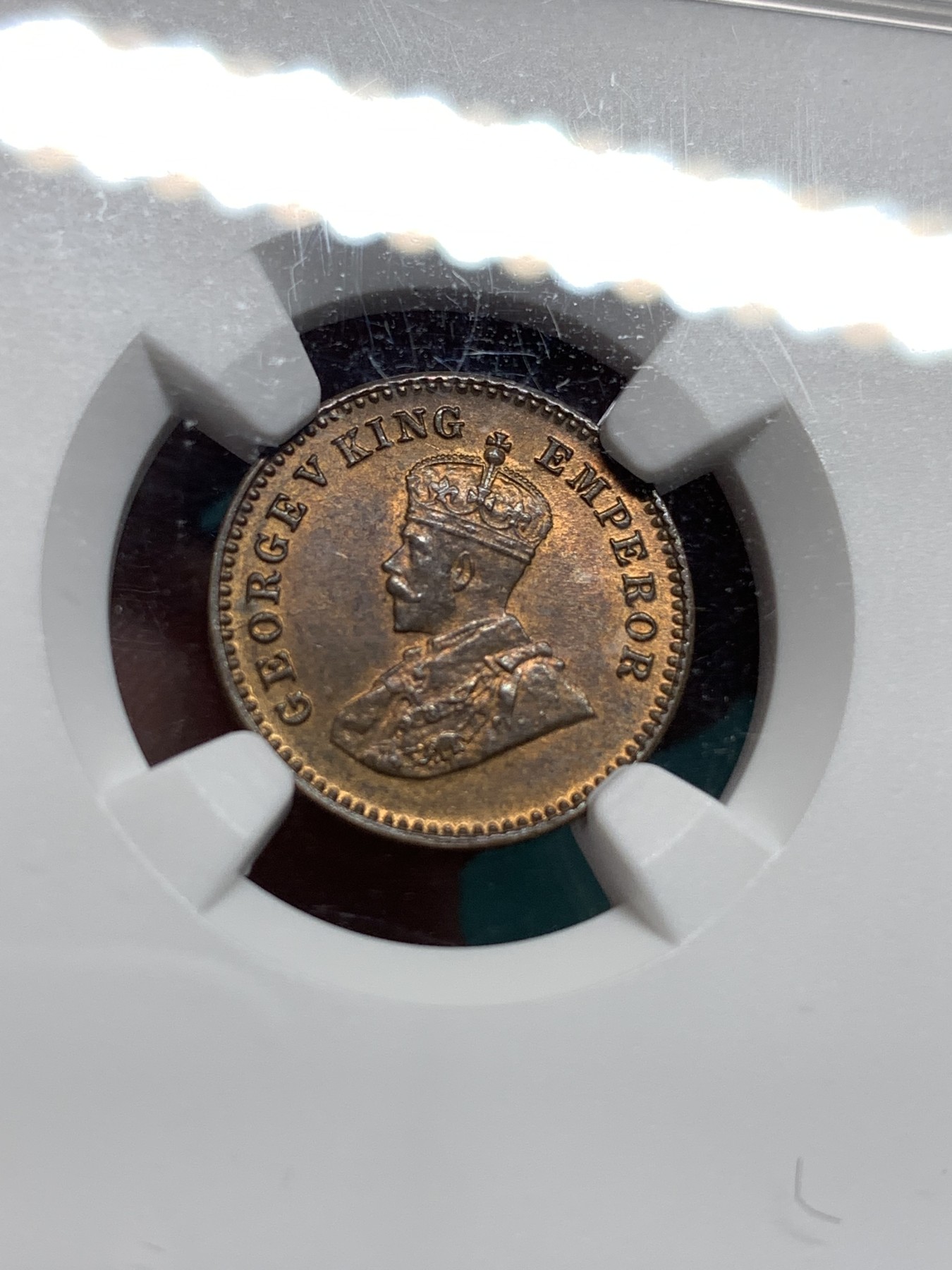 《竞宝斋》第187场-周日，周一 2场 (全场包邮) NGC-MS64RB 英属印度 乔治五世 1920年C版 1/12安娜 铜币 极品原光 完美铜币红光