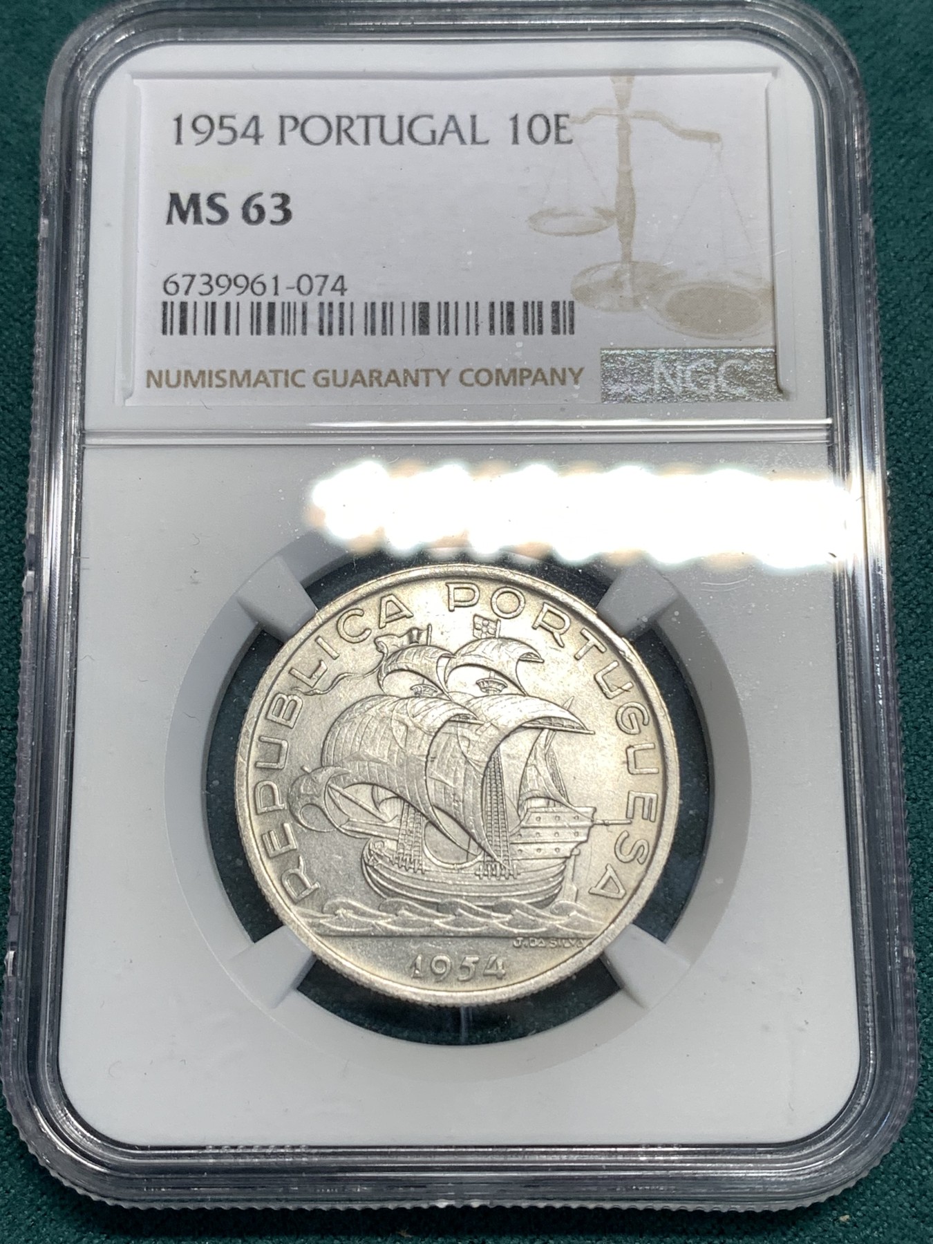 《竞宝斋》第187场-周日，周一 2场 (全场包邮) NGC-MS63 葡萄牙1954年 大帆船10埃斯库多银币