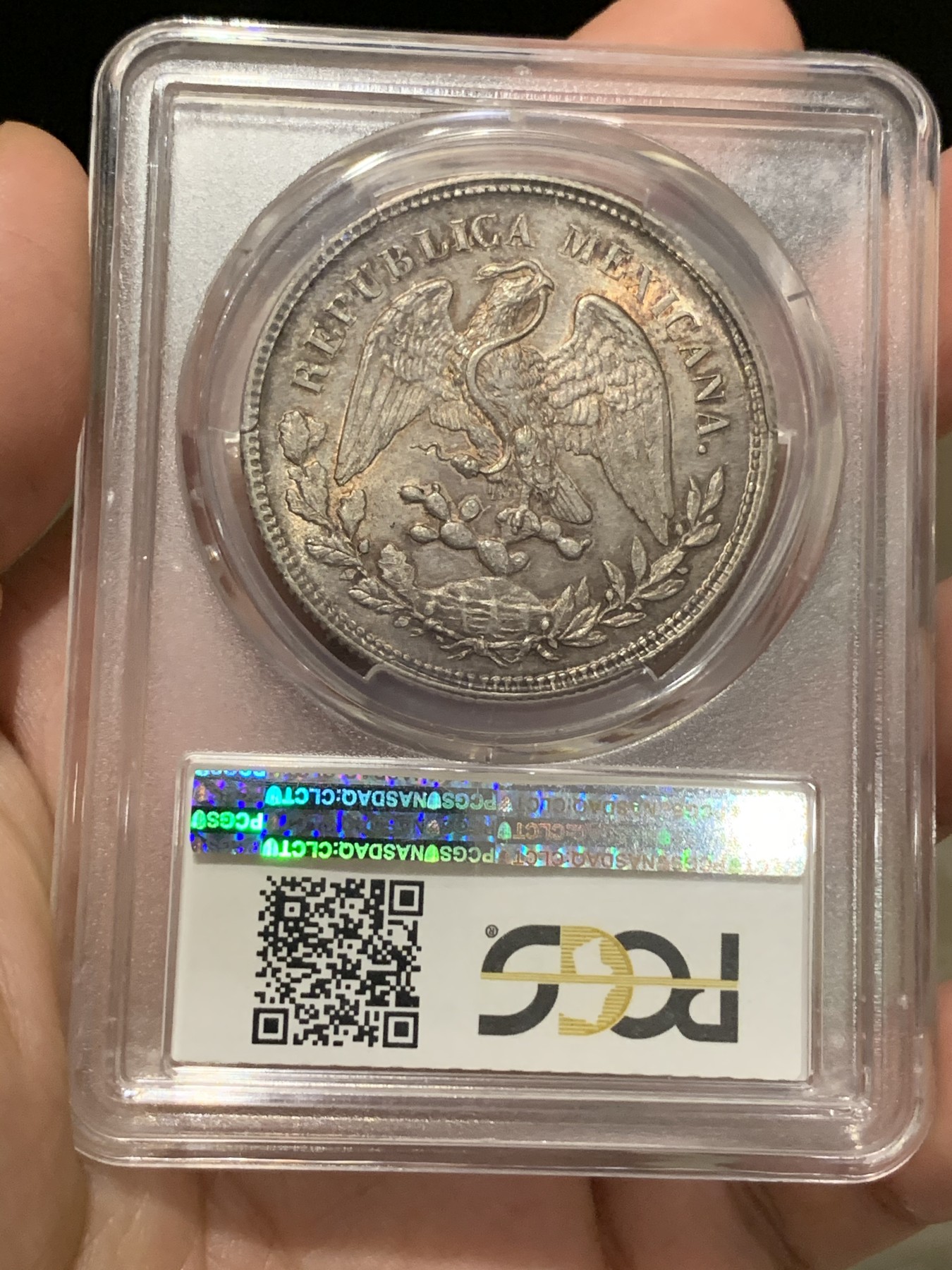 《竞宝斋》第187场-周日，周一 2场 (全场包邮) PCGS-MS63 墨西哥 鹰洋 1902 ZS FZ 1比索 鹰洋 双面紫红彩 漂亮 带十字光