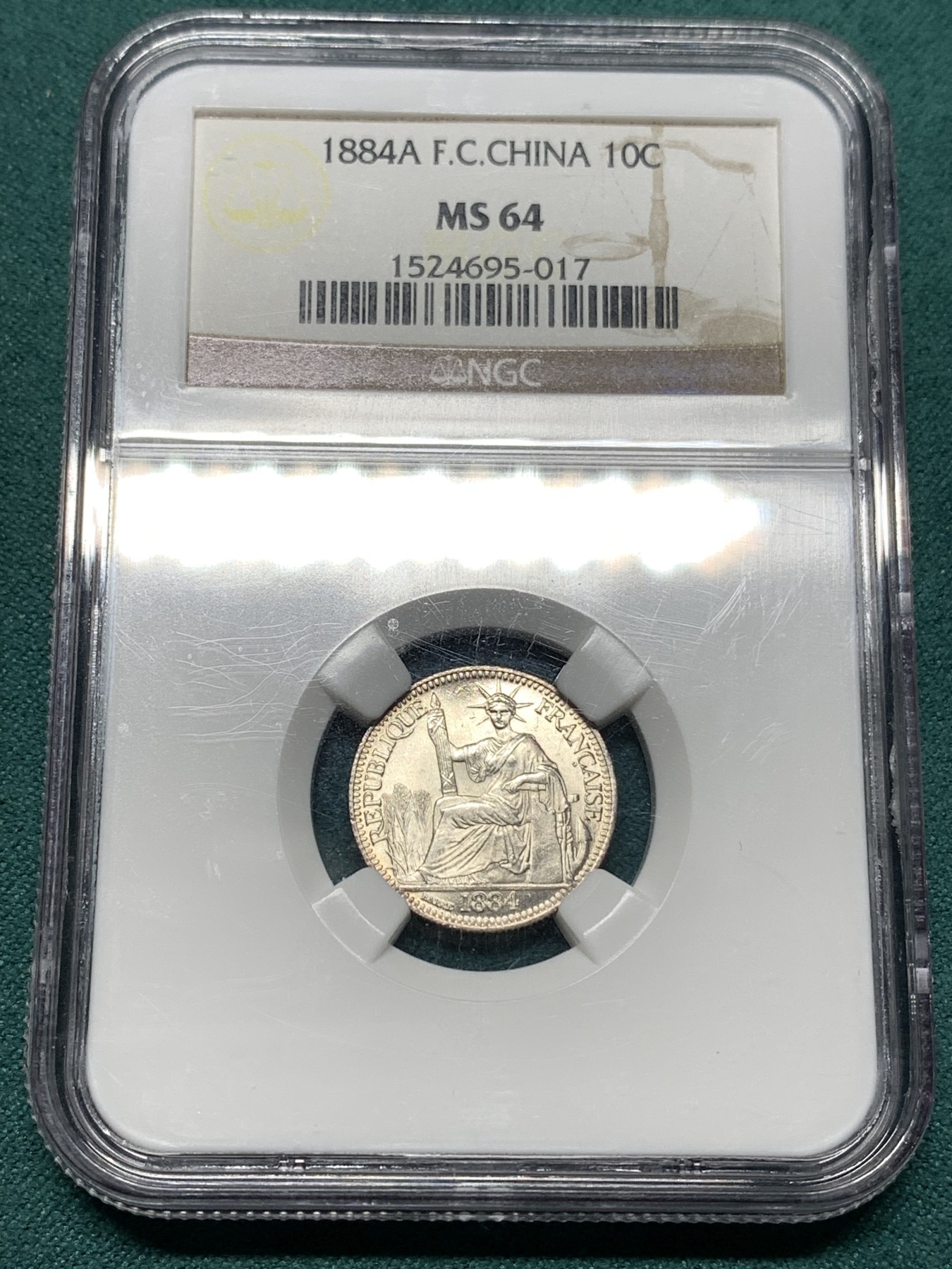 《竞宝斋》第187场-周日，周一 2场 (全场包邮) NGC MS64 法属印支 1884年 10分银币 加重版小毫 实在难得