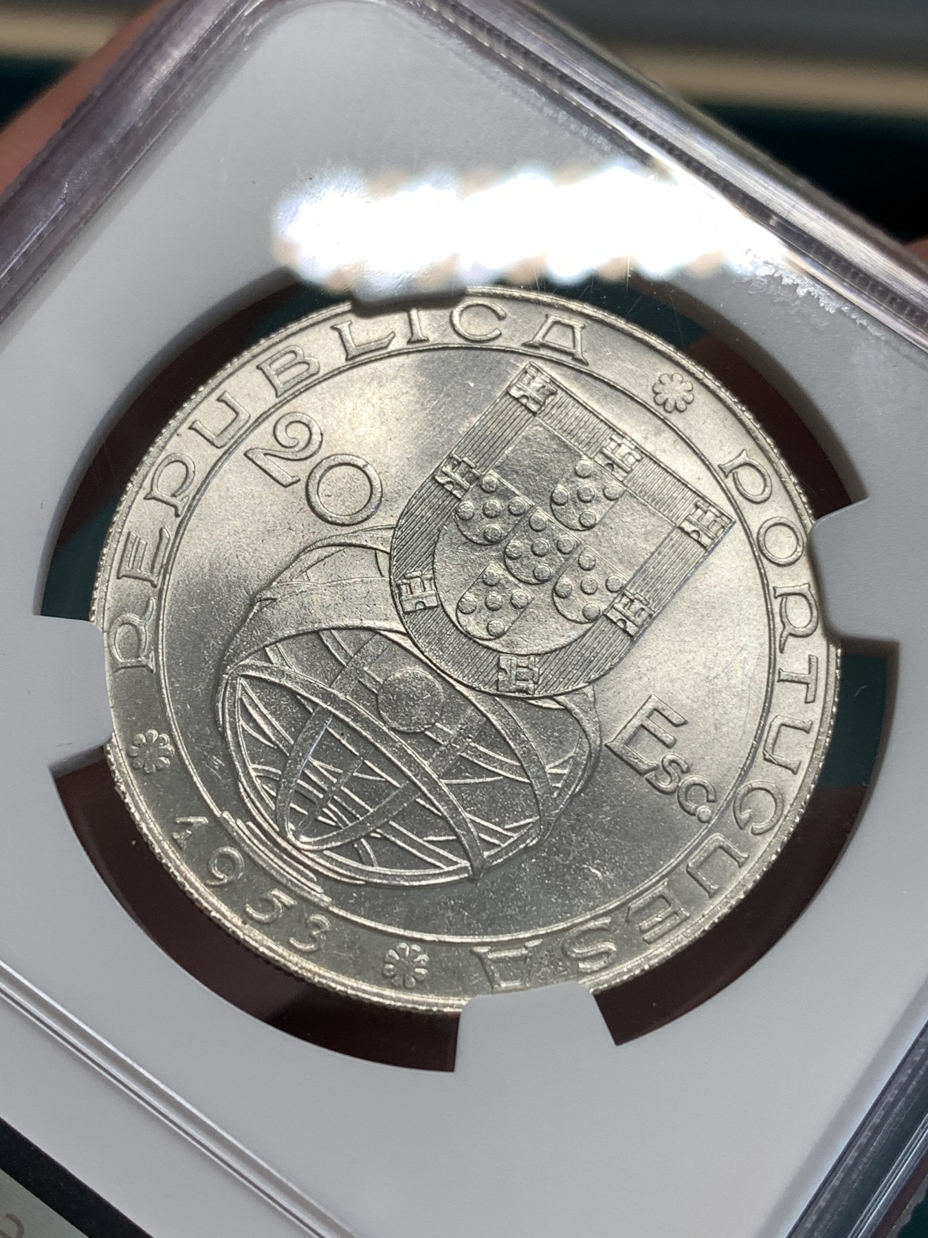 《竞宝斋》第187场-周日，周一 2场 (全场包邮) NGC MS64 葡萄牙1953年金融改革制度25周年20埃斯库多大银币 高分好品