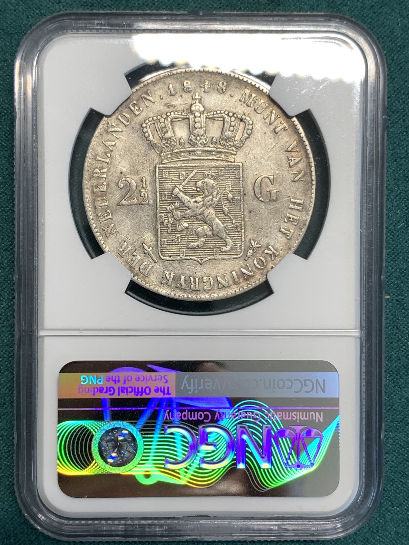 《竞宝斋》第187场-周日，周一 2场 (全场包邮) NGC-VF 荷兰1848年威廉二世2.5盾银币  荷兰近代少见品种长脖子  945超高含银量