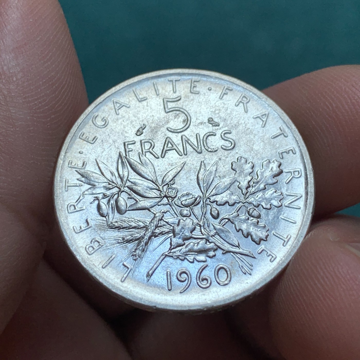 《竞宝斋》第187场-周日，周一 2场 (全场包邮) 1960年 五法郎播种女神银币，经典设计，MS级品相，光度极佳