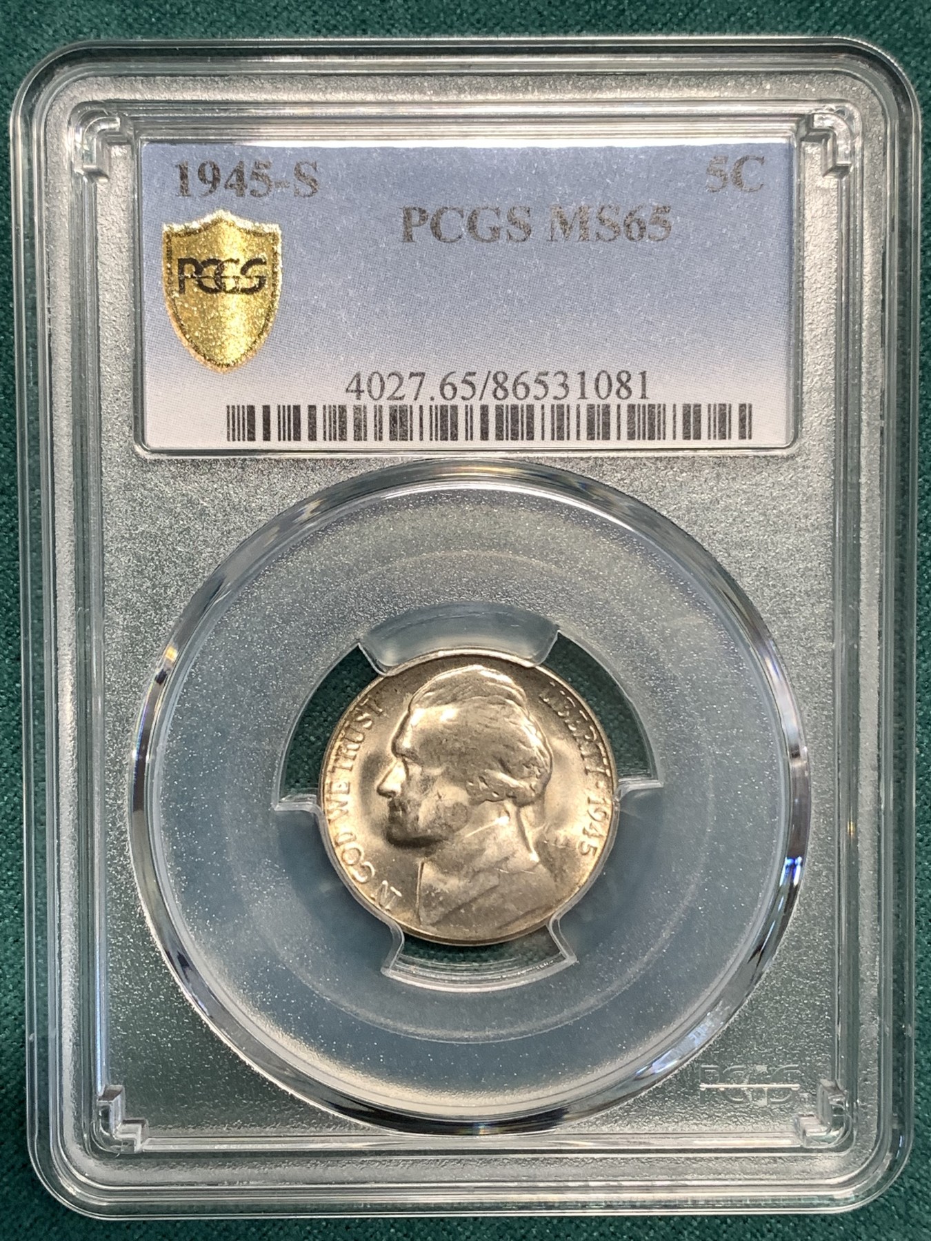 《竞宝斋》第187场-周日，周一 2场 (全场包邮) PCGS-MS65 美国 杰弗逊 1945年 战时5美分 低银版（仅1942-1945年含银，其余皆为镍币）