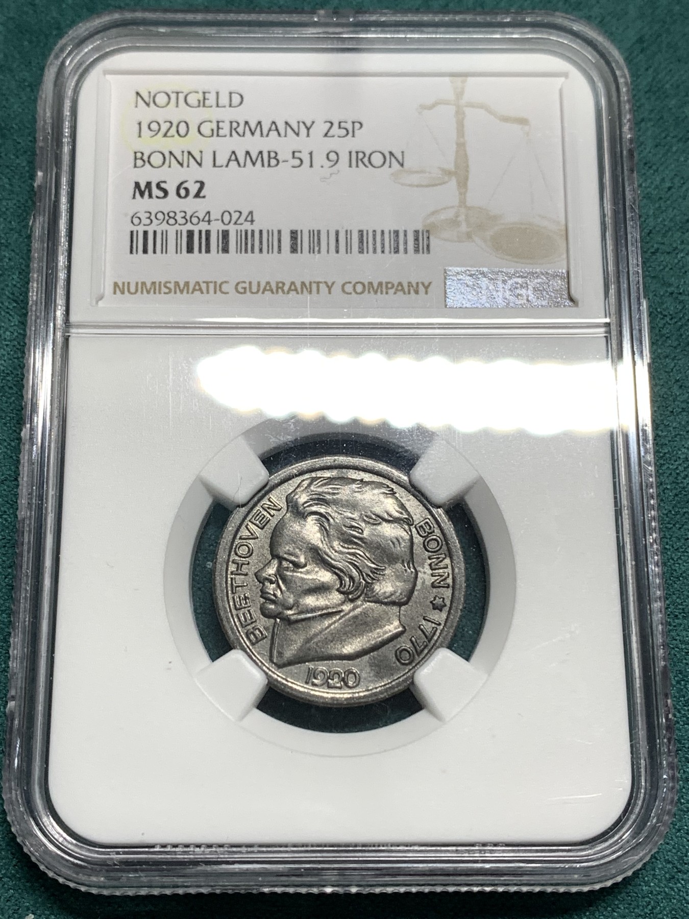 《竞宝斋》第187场-周日，周一 2场 (全场包邮) NGC MS62 德国紧急状态货币 1920年波恩贝多芬25芬尼铁币