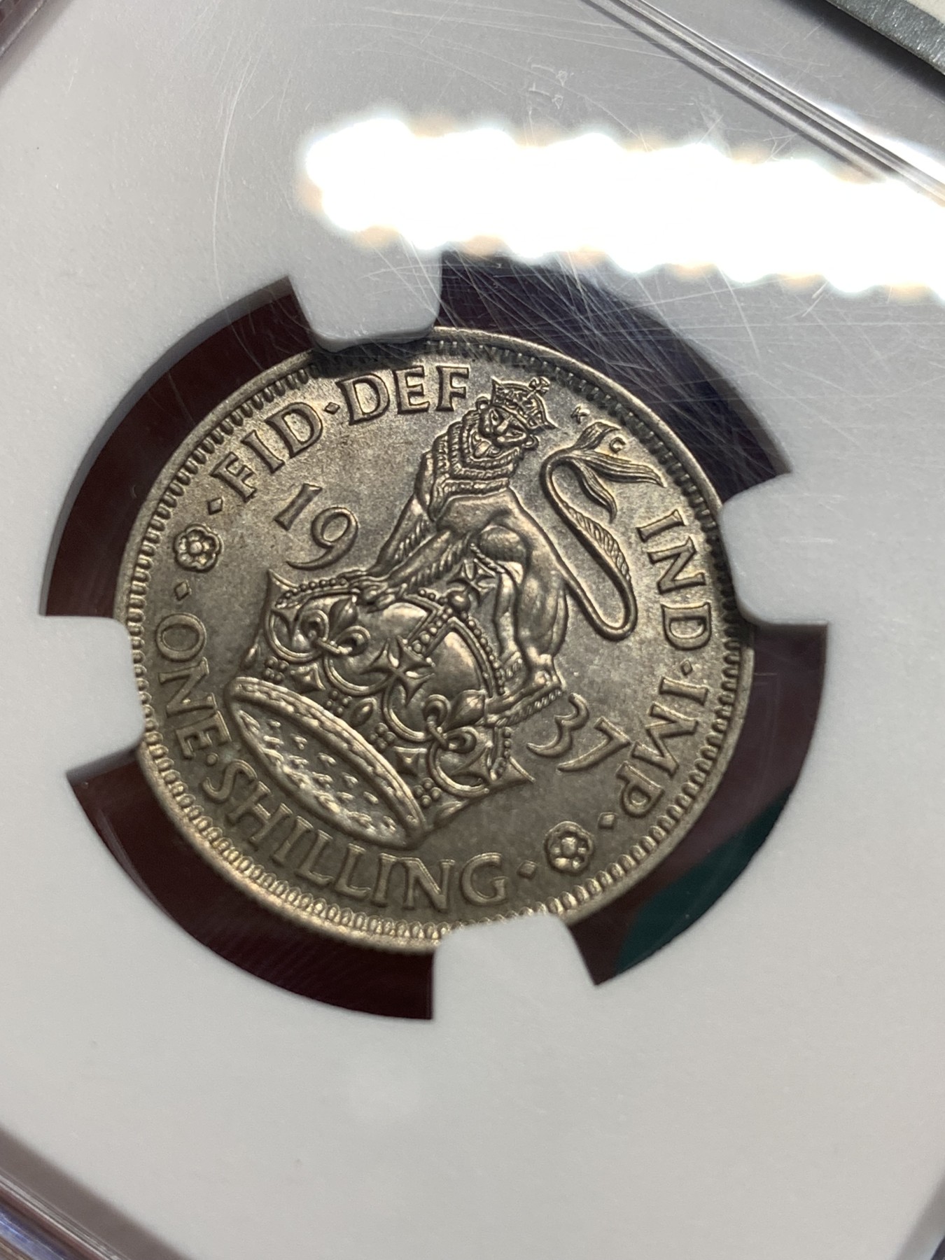 《竞宝斋》第187场-周日，周一 2场 (全场包邮) NGC-MS62 英国 1937年 乔治六世登基首年一先令银币英格兰版，银色转光流畅，叫人爱不释手，凑年份必备