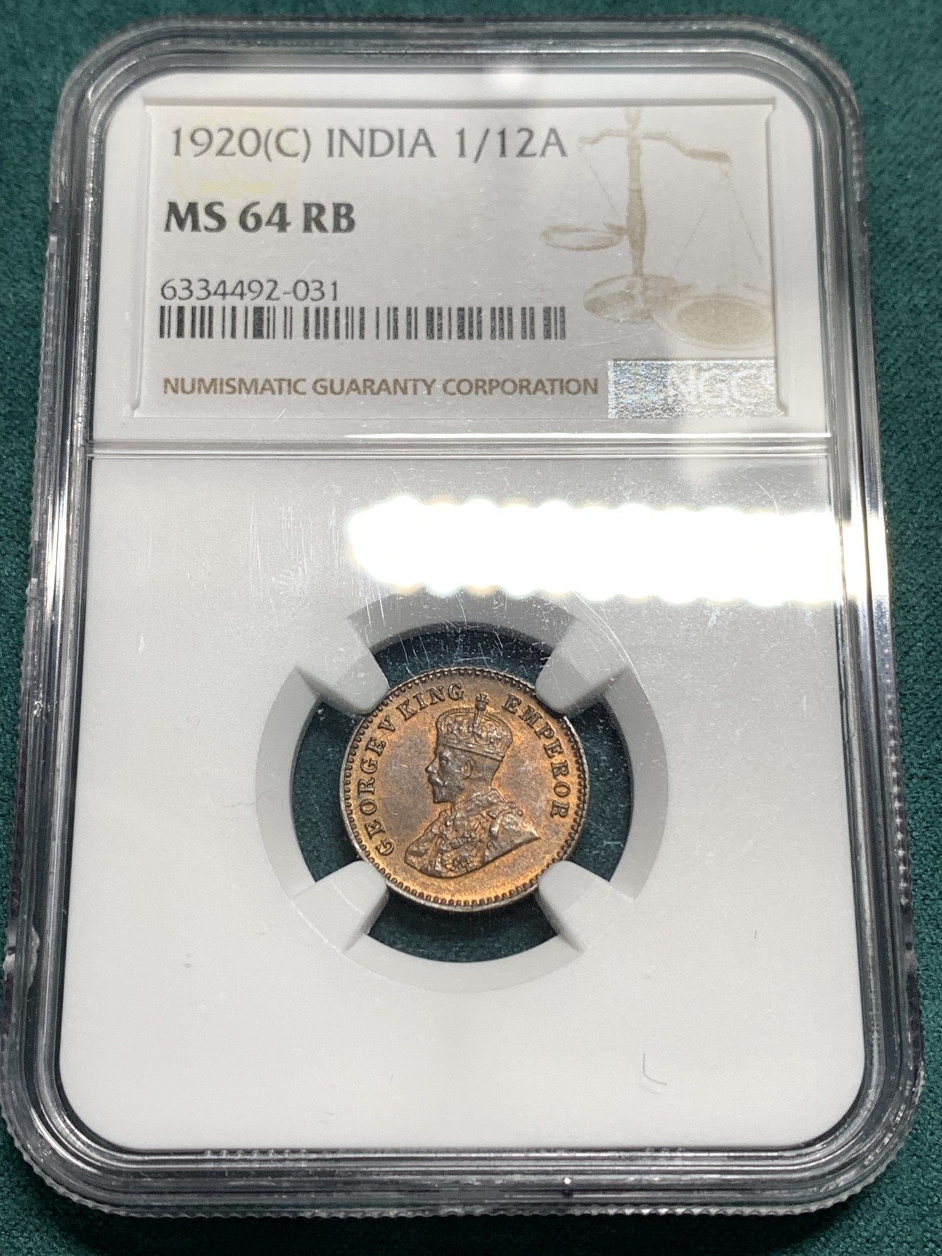 《竞宝斋》第187场-周日，周一 2场 (全场包邮) NGC-MS64RB 英属印度 乔治五世 1920年C版 1/12安娜 铜币 极品原光 完美铜币红光