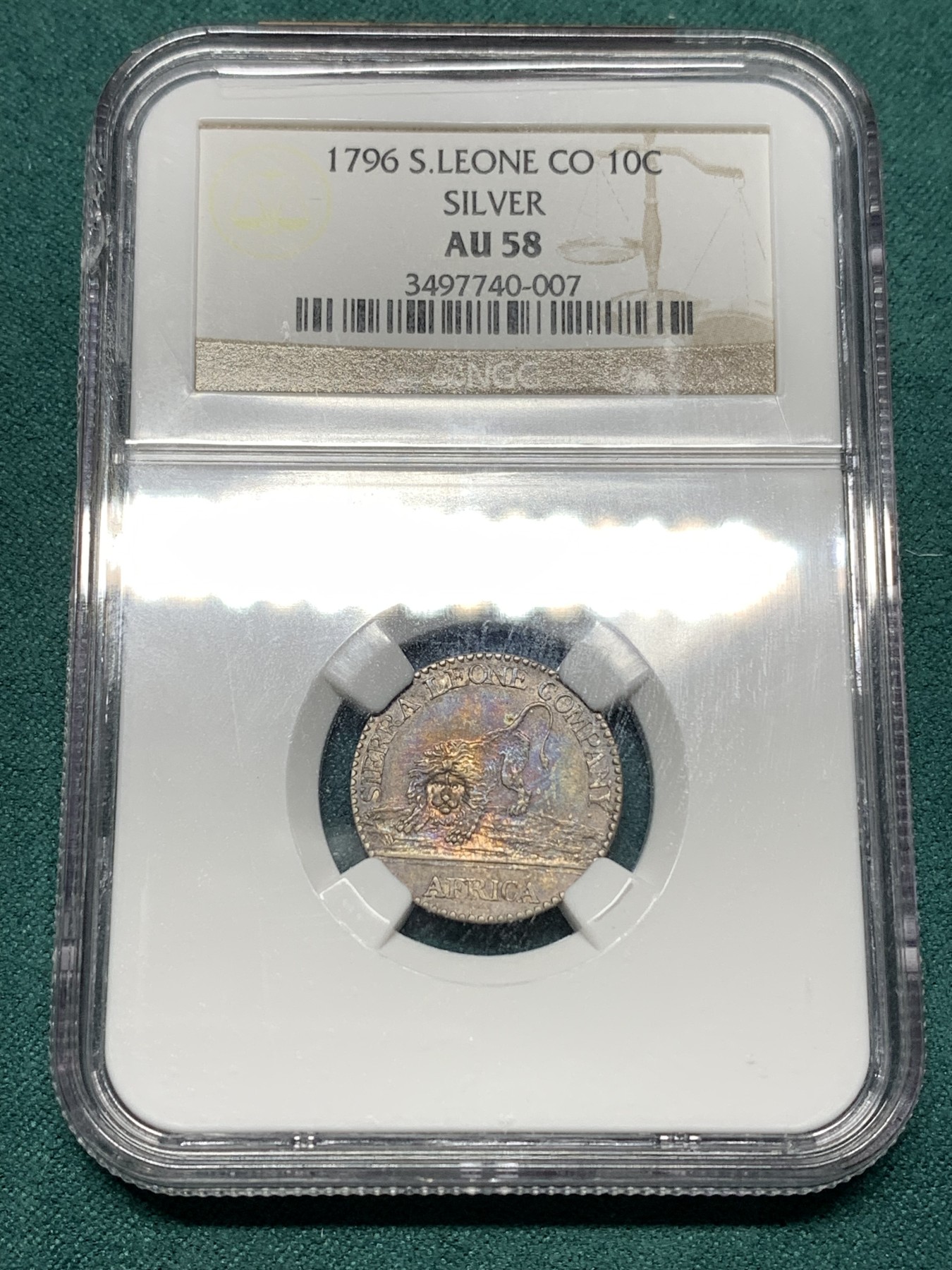 《竞宝斋》第187场-周日，周一 2场 (全场包邮) NGC AU58 1796年 塞拉利昂10美分银币 Soho铸币厂 发型量仅9227枚，高分极其稀少 盒边小磕