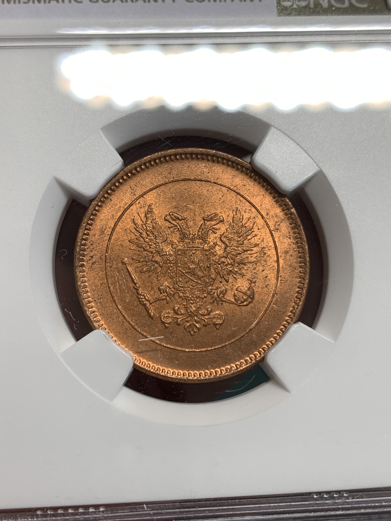 《竞宝斋》第187场-周日，周一 2场 (全场包邮) NGC MS62RB 俄占芬兰1917年克伦斯基临时政府5盆尼铜币