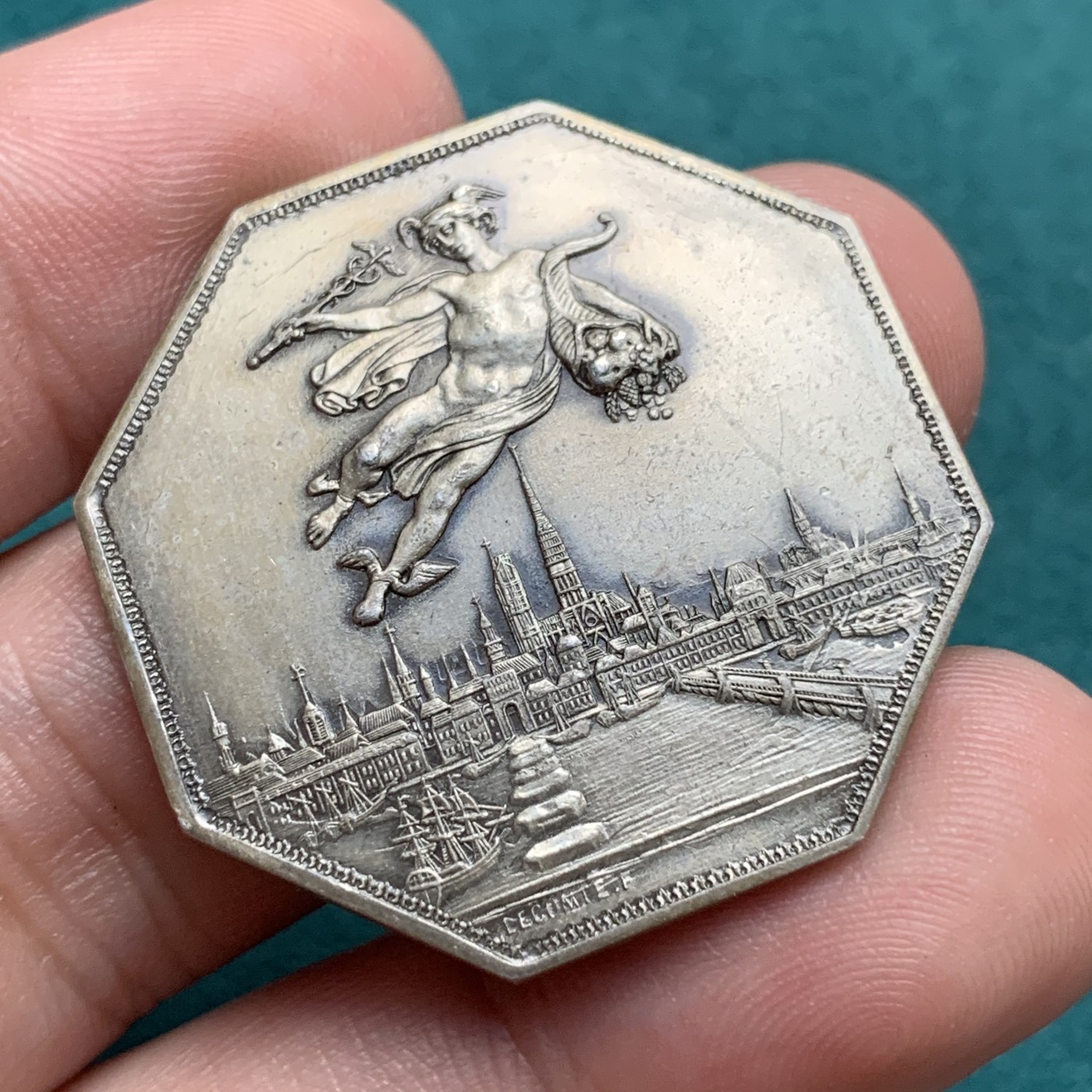 《竞宝斋》第187场-周日，周一 2场 (全场包邮) 法国 1802 鲁恩城市景观天使墨丘利八角银章，16.16g 34mm 丰饶角Argent边铭 1880-1898