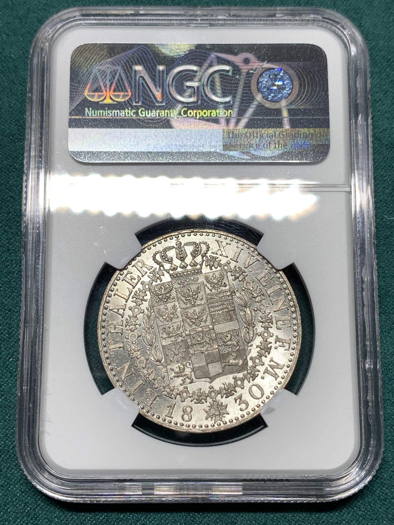 《竞宝斋》第187场-周日，周一 2场 (全场包邮) NGC-AU58 德国1830年 普鲁士泰勒 流通版盾徽泰勒，不多见的品种，背面品相尤其好，有ms水平