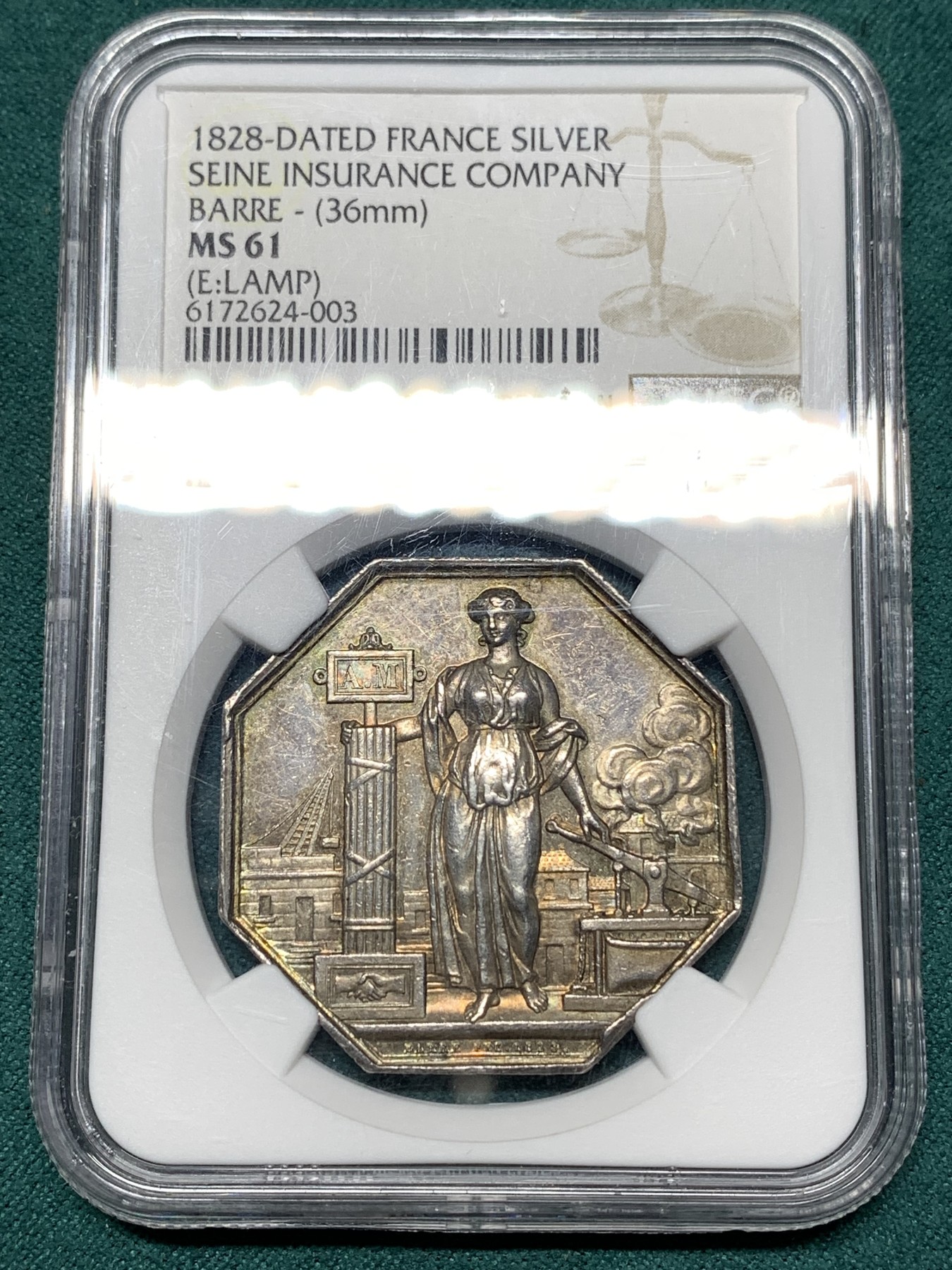 《竞宝斋》第187场-周日，周一 2场 (全场包邮) NGC MS61 法国1828塞纳保险公司八角银质代币