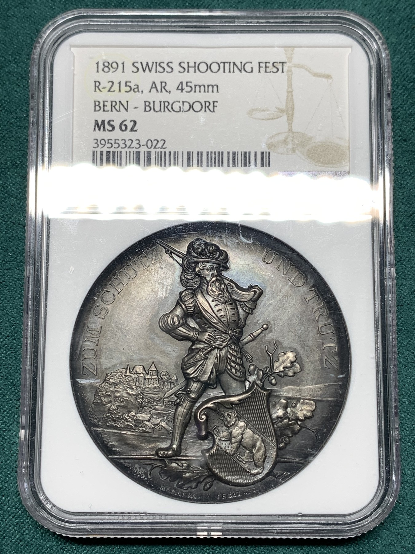 《竞宝斋》第187场-周日，周一 2场 (全场包邮) NGC-MS62 1891 瑞士伯尔尼射击节 银章 45直径，高浮雕，极其精美