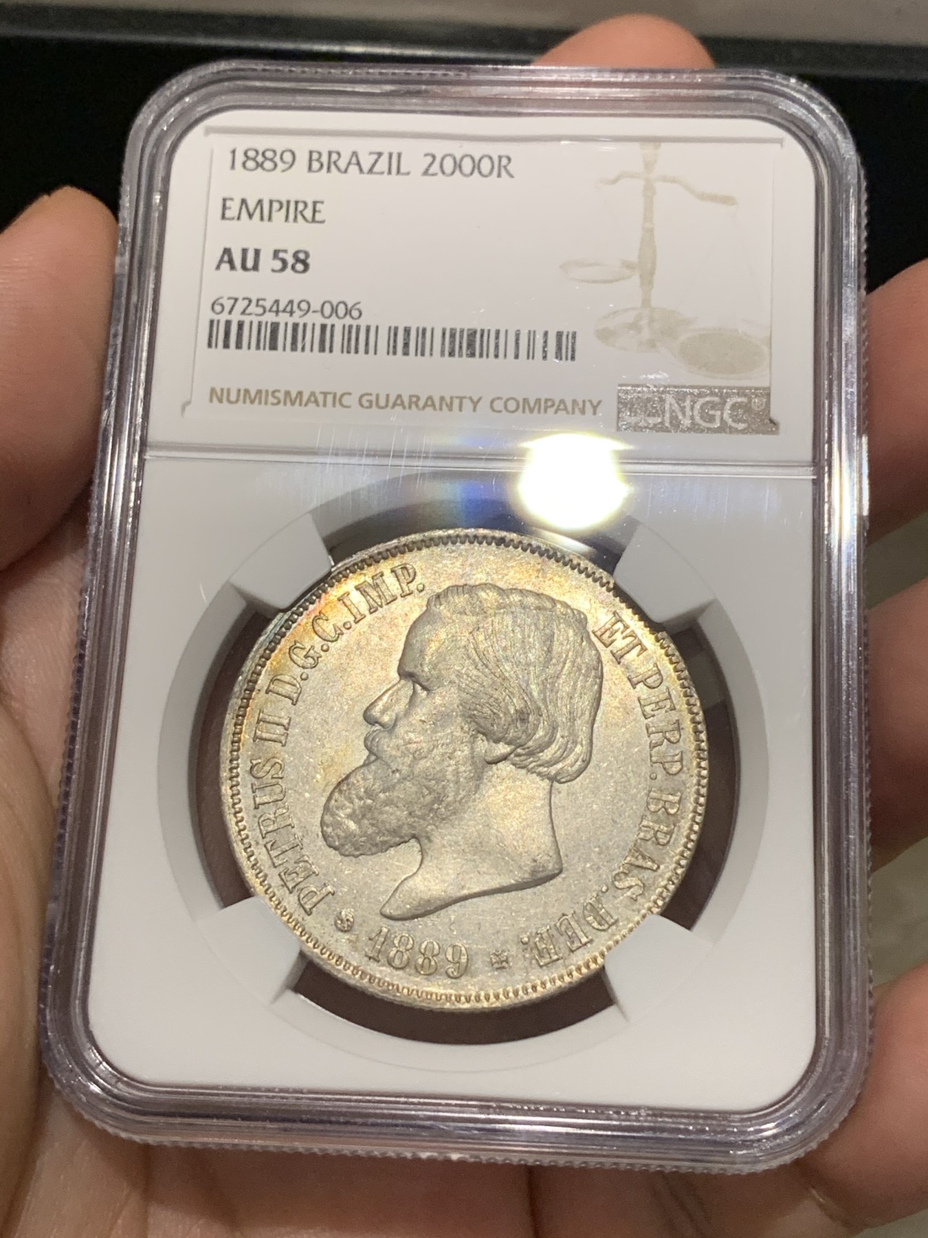 《竞宝斋》第187场-周日，周一 2场 (全场包邮) NGC-AU58 巴西帝国 1889年 2000瑞斯 银币
