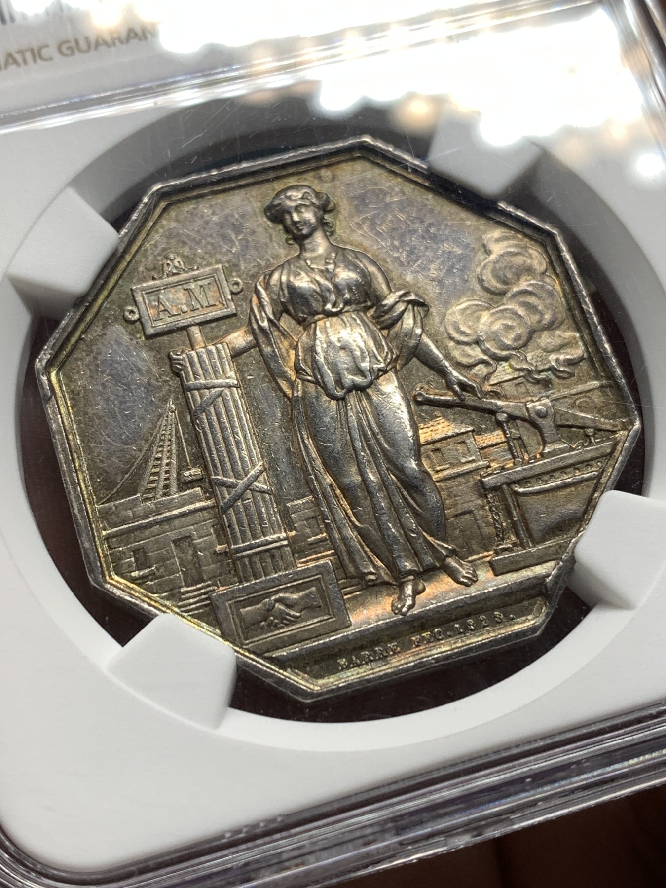 《竞宝斋》第187场-周日，周一 2场 (全场包邮) NGC MS61 法国1828塞纳保险公司八角银质代币