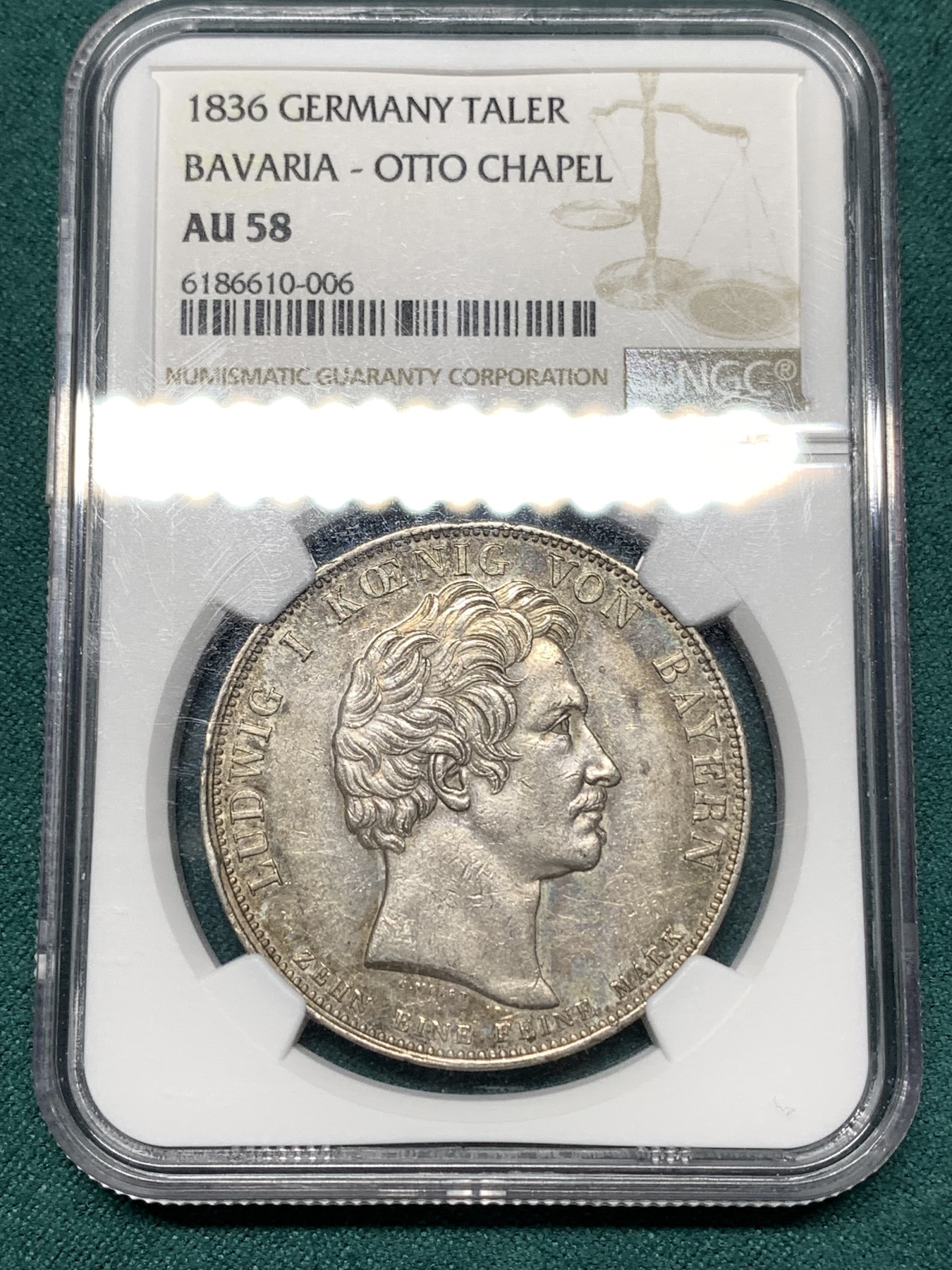 《竞宝斋》第187场-周日，周一 2场 (全场包邮) NGC-AU58 德意志巴伐利亚1836年 路德维希一世 奥托王子纪念堂泰勒大银币 包浆不错
