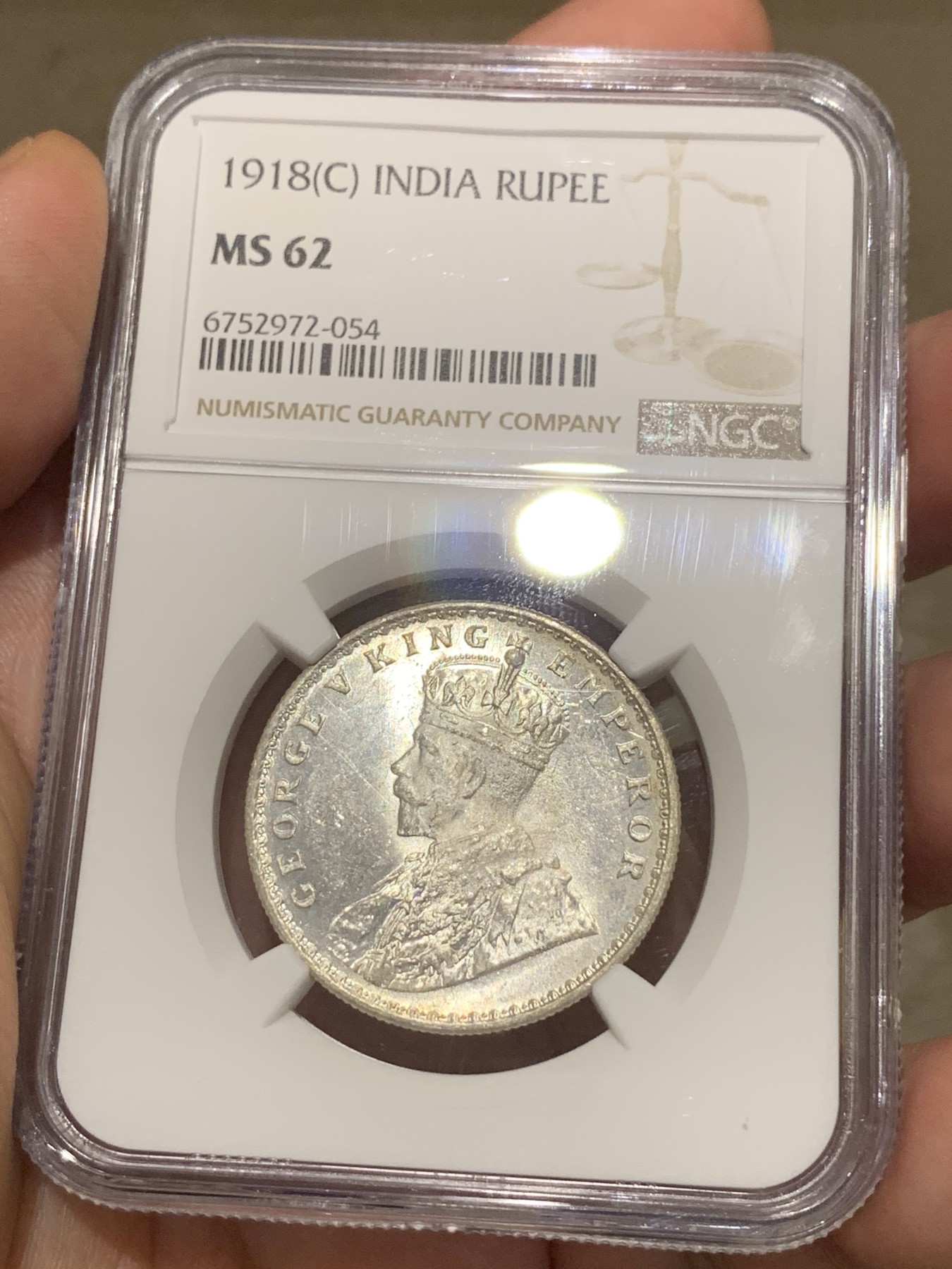 《竞宝斋》第187场-周日，周一 2场 (全场包邮) NGC MS62 印度乔五1918C 1卢比银币