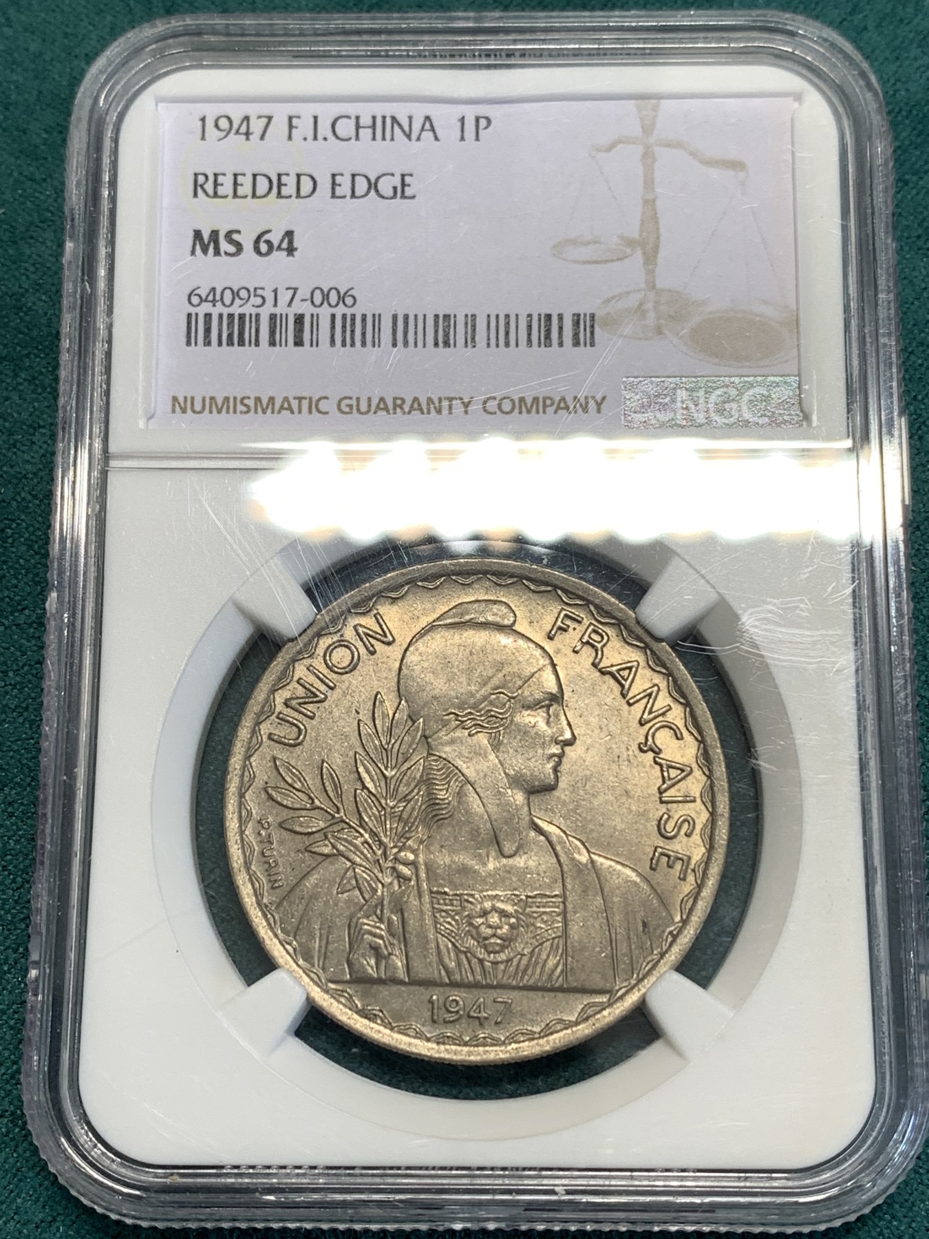 《竞宝斋》第187场-周日，周一 2场 (全场包邮) NGC MS64 法属印支1947年1P大镍币
