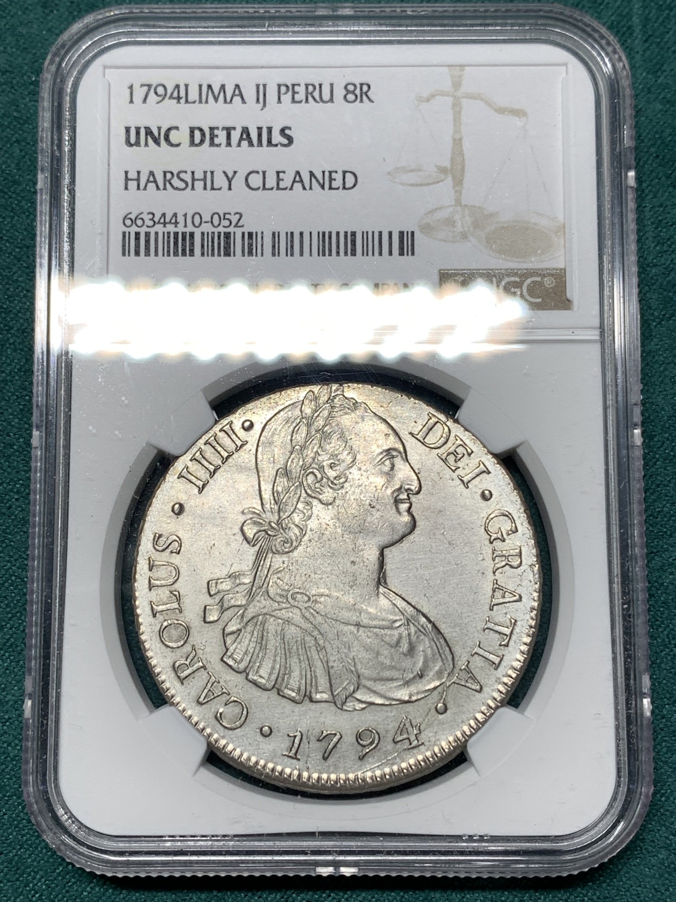 《竞宝斋》第187场-周日，周一 2场 (全场包邮) NGC UNC 秘鲁 1794年 卡四 8R 双柱大银币 打制非常好