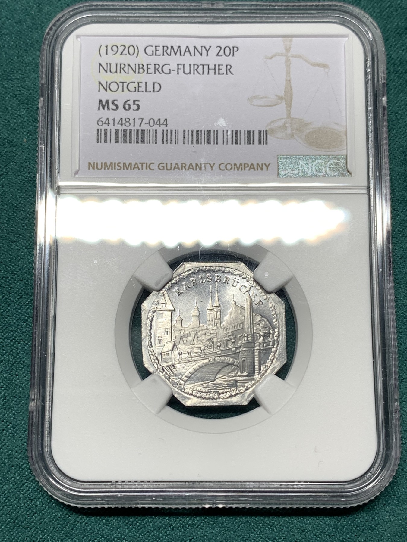 《竞宝斋》第187场-周日，周一 2场 (全场包邮) NGC MS65 德国1920纽伦堡紧急状态时期城市景观20P代用币