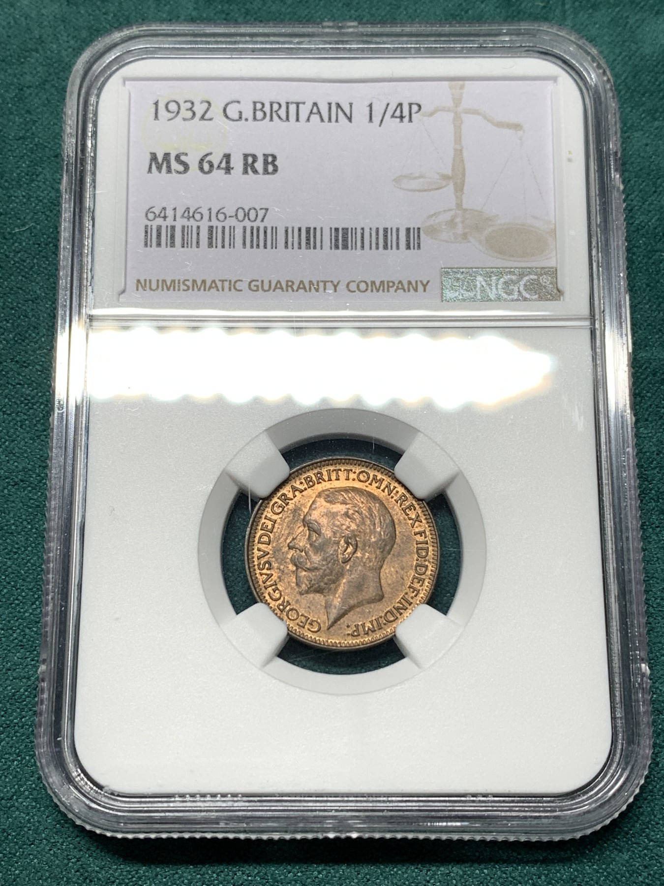 《竞宝斋》第187场-周日，周一 2场 (全场包邮) NGC MS64RB 英国1932乔治五世1法新铜币 出厂状态