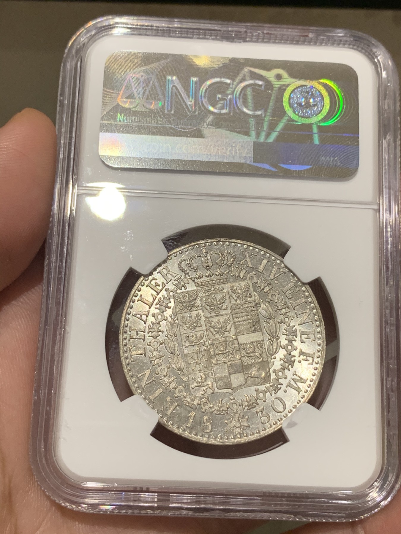 《竞宝斋》第187场-周日，周一 2场 (全场包邮) NGC-AU58 德国1830年 普鲁士泰勒 流通版盾徽泰勒，不多见的品种，背面品相尤其好，有ms水平