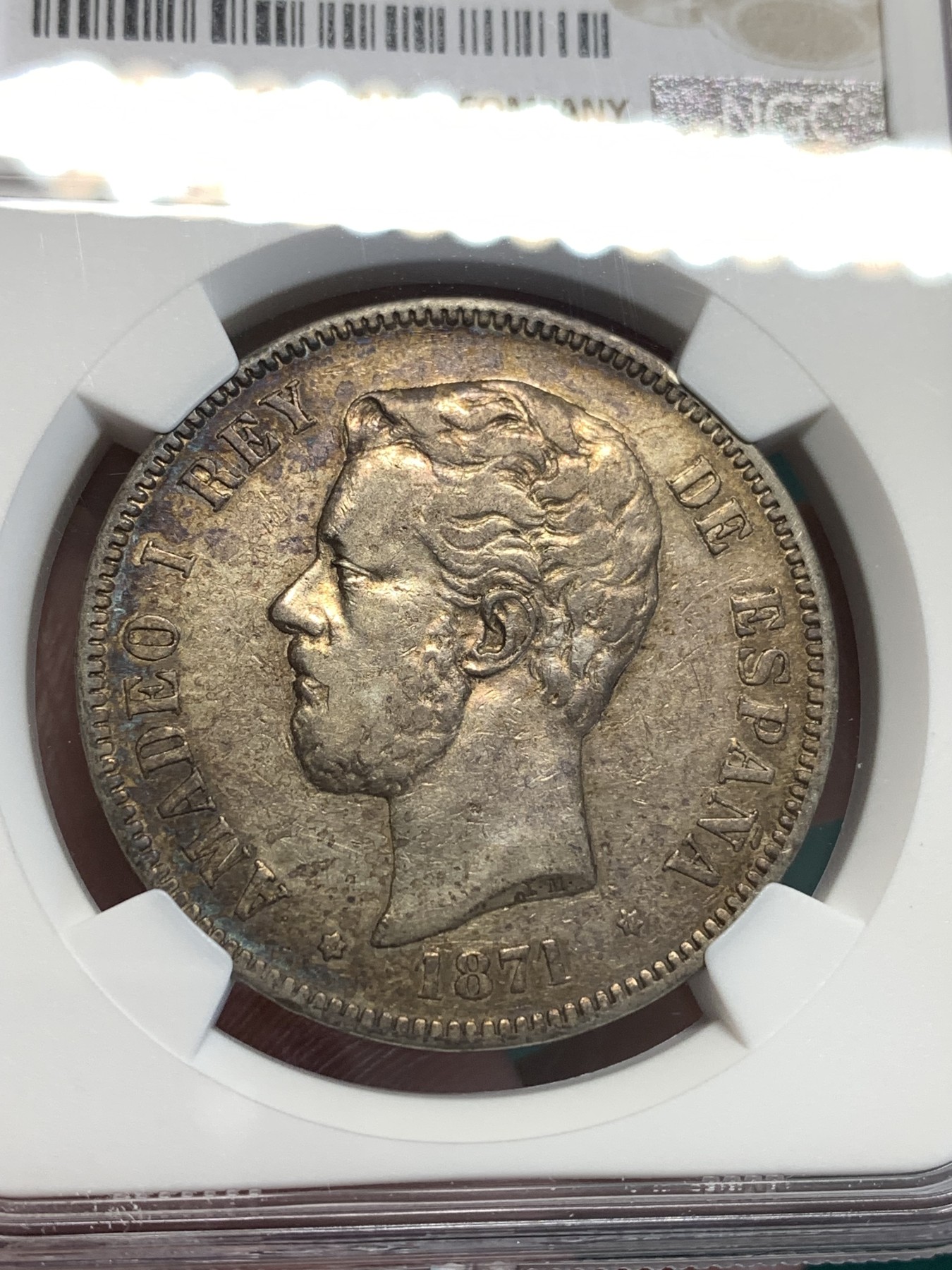 《竞宝斋》第187场-周日，周一 2场 (全场包邮) NGC-VF 西班牙1871年阿玛迪奥一世5比塞塔银币 包浆不错