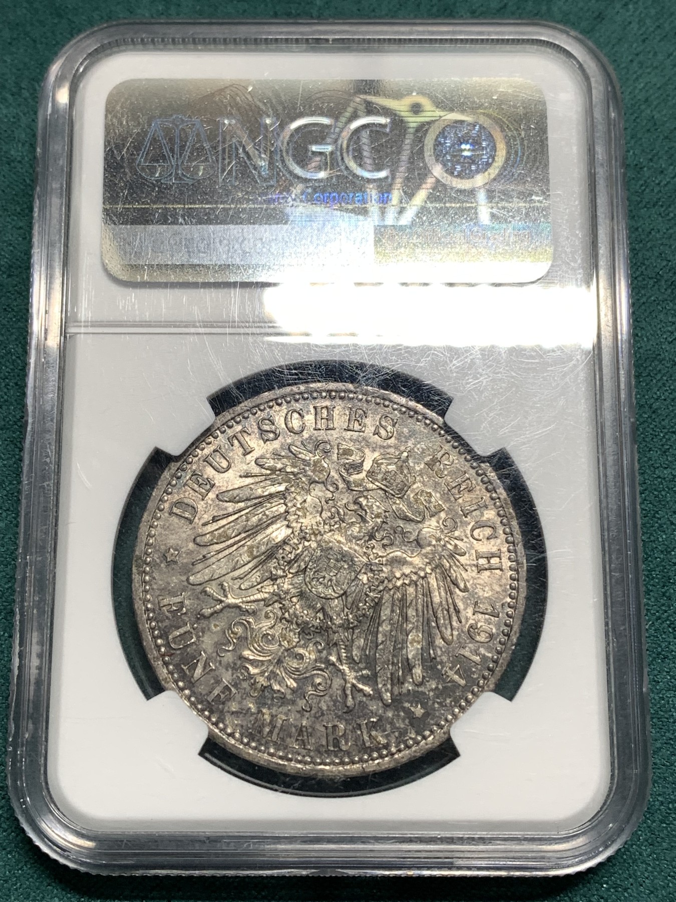 《竞宝斋》第187场-周日，周一 2场 (全场包邮) NGC-AU58 普鲁士 1914A 德国5马克 威廉二世戎装银币 双面酱彩包浆 不容易